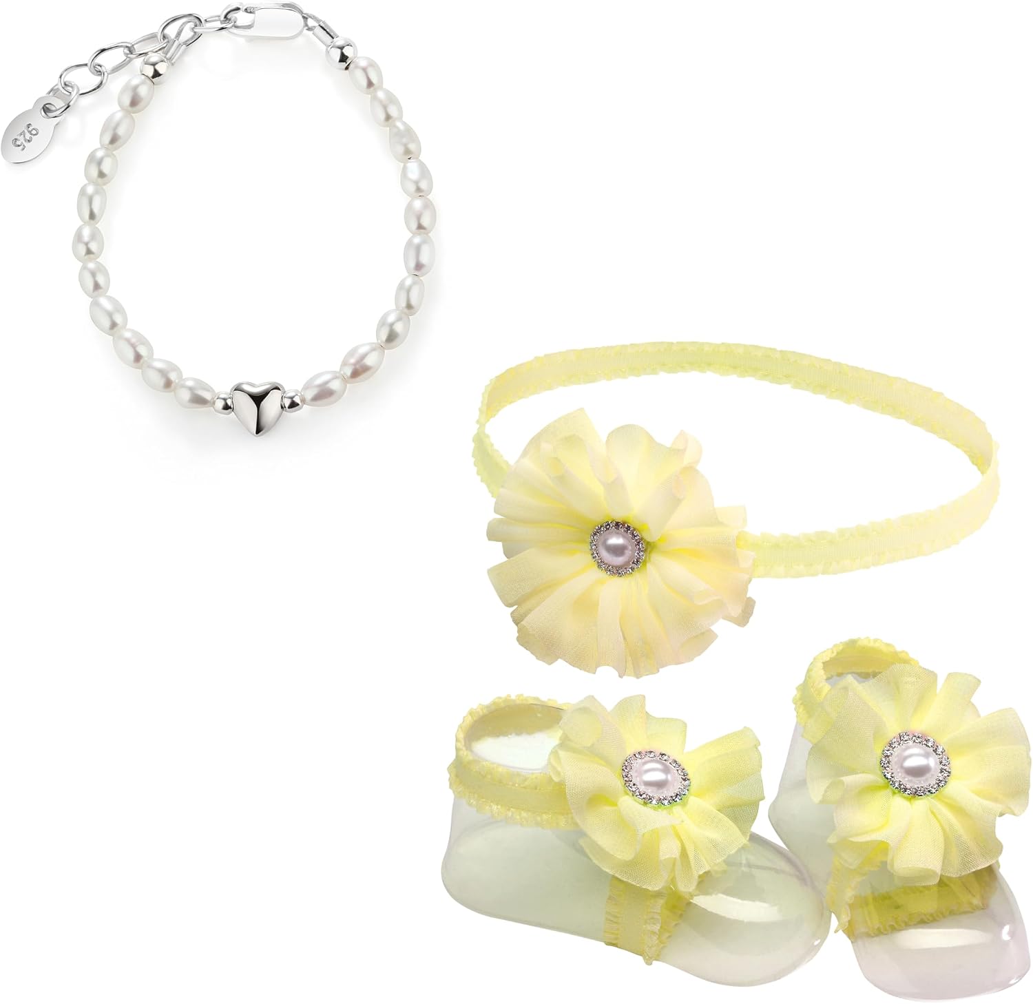 Cherished Moments Sterling Silver Dainty Cultured Pearl Baby Bracelet and Yellow Baby Barefoot Sandal Set