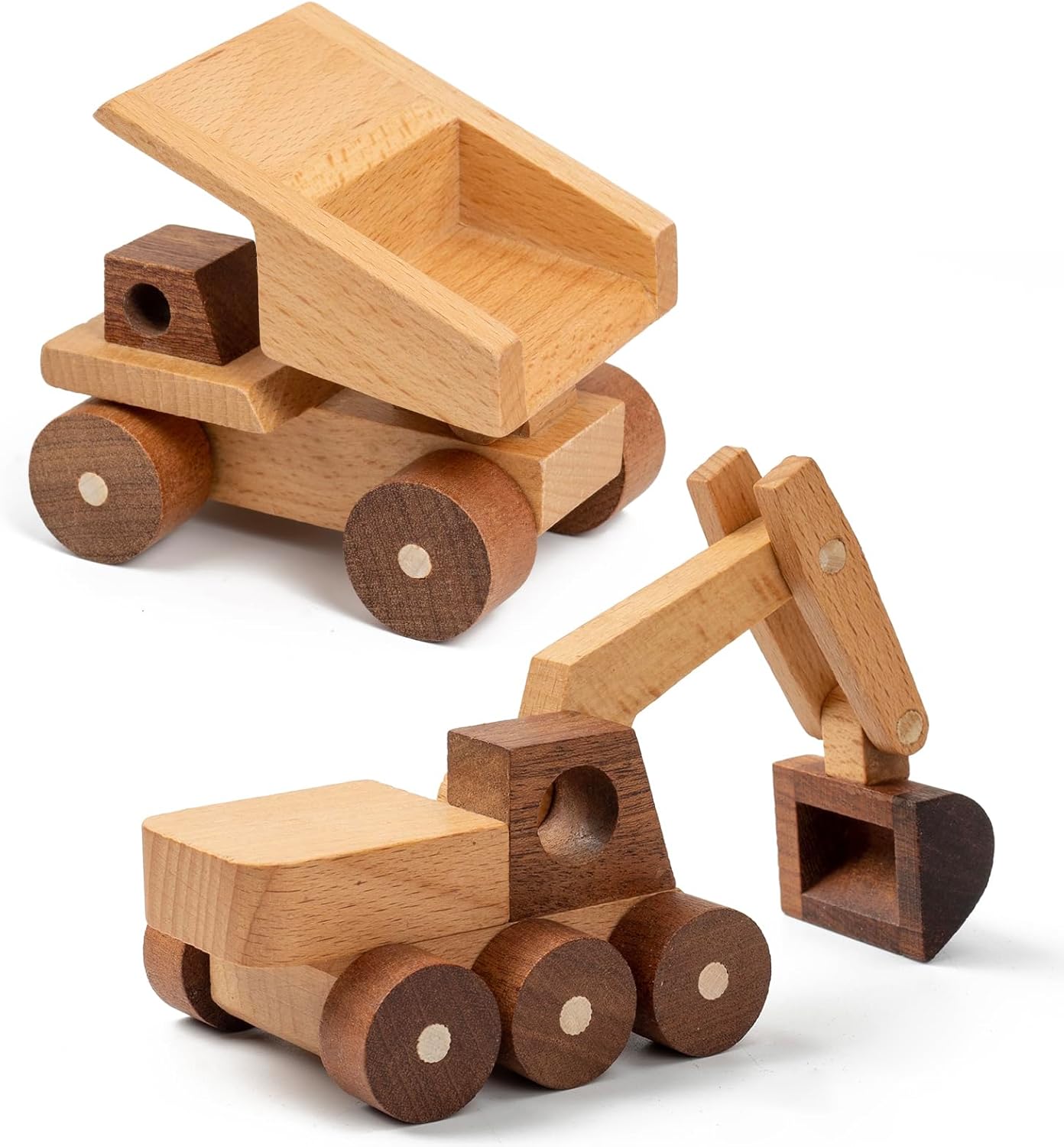 Wooden Toy Cars for 3 Year Old Boys & Girls - Construction Vehicles Set Push Toys for Toddlers, Wood Montessori Car with Rolling Wheels, Natural Wood Toys (Excavator & Dump Truck)