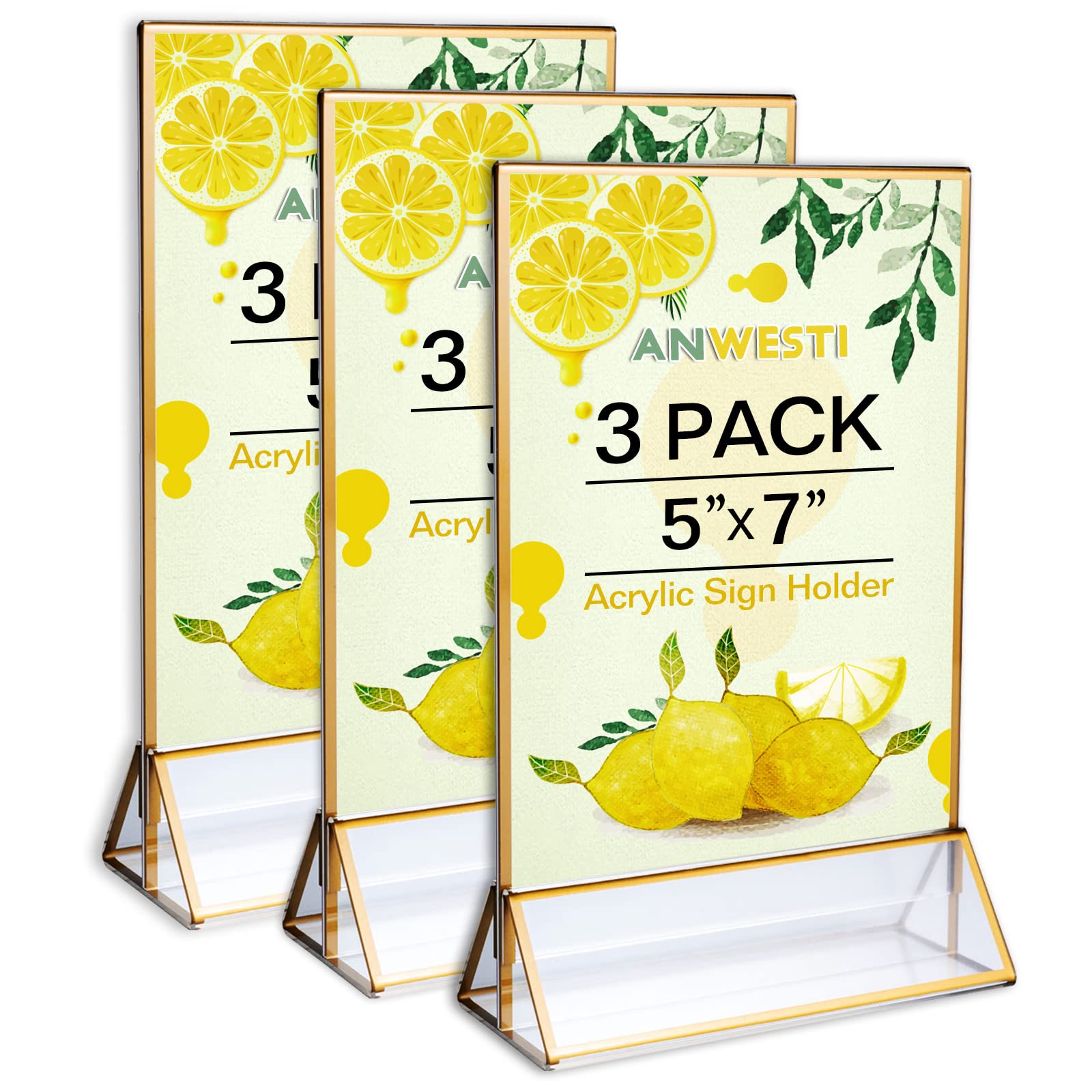 Anwesti Gold Picture Frames Acrylic Sign Holder 5×7, Acrylic Sign Holder for Menu, Table Number Holder, Wedding, Reception, 3 Pack Gold Acrylic Sign Holder