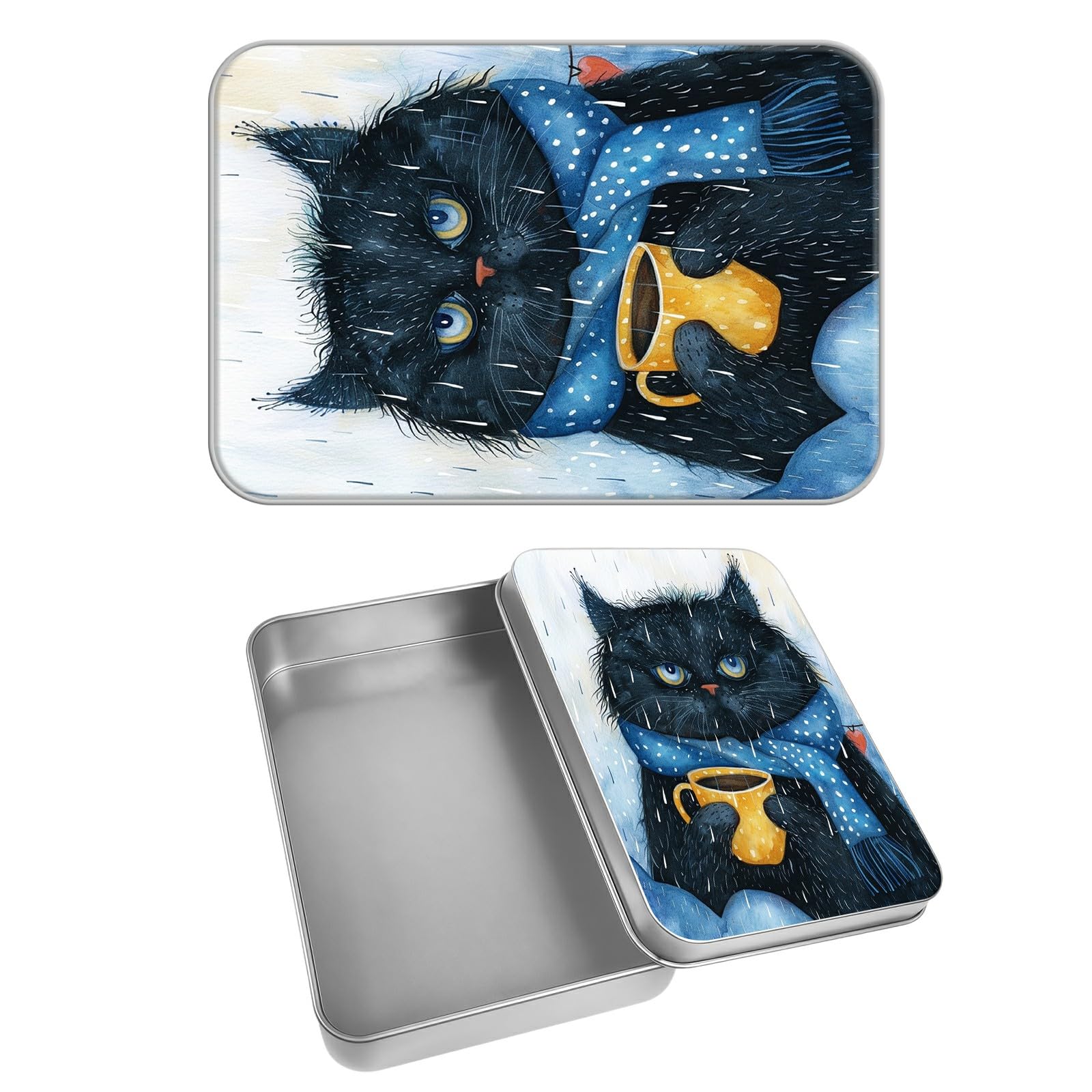 Rectangular Metal Tin Box with Removable Lid, Cat Coffee Decorative Printed Metal Storage Container for Cash Ticket Credit Card Check 3.46 x 2.36 x 0.7 inch– Single Pack