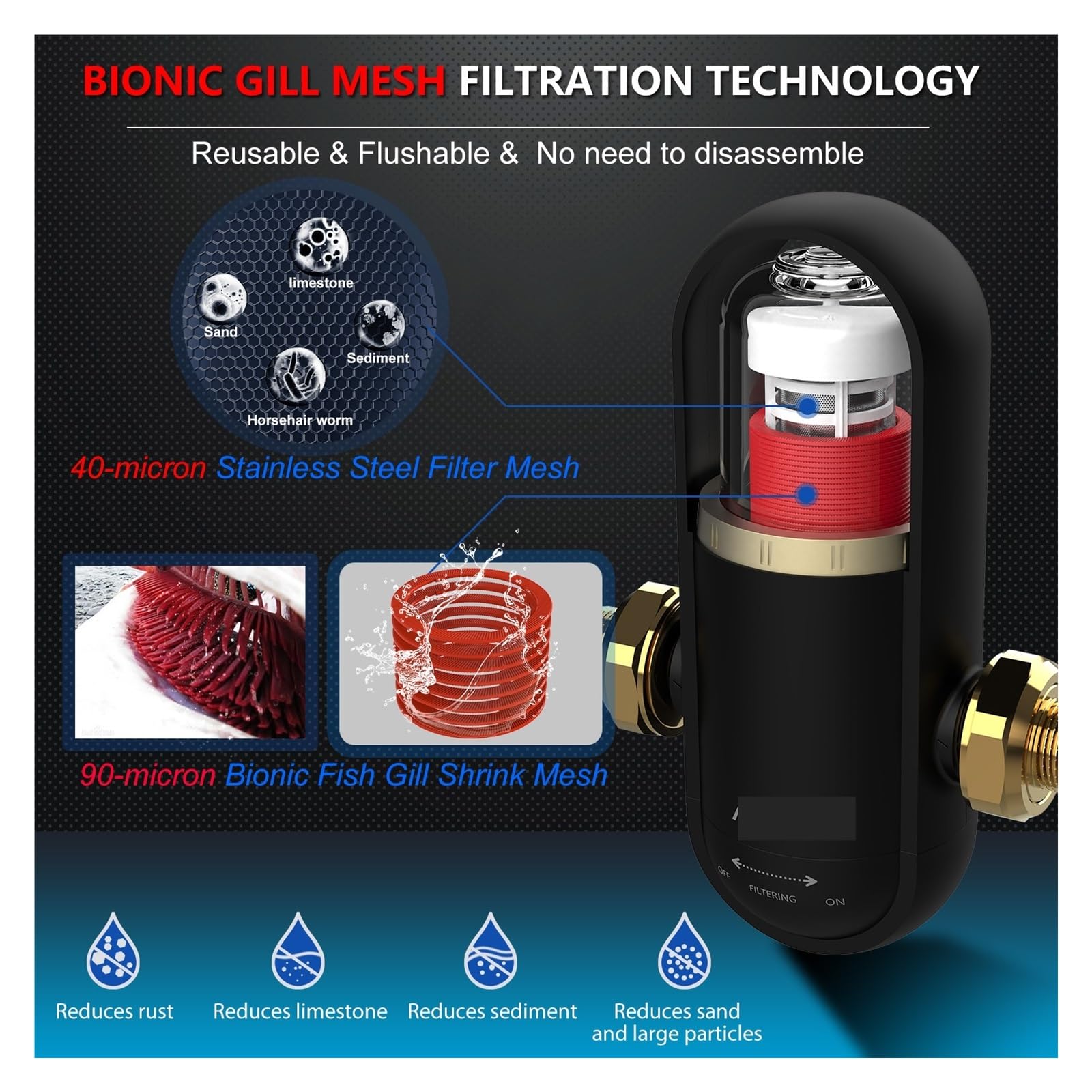 Filtre Osmose Inverse, Gill + pré-filtre en maille d'acier inoxydable, sédiments de rotation de toute la maison, purificateur de filtre à eau, lavage à contre-courant