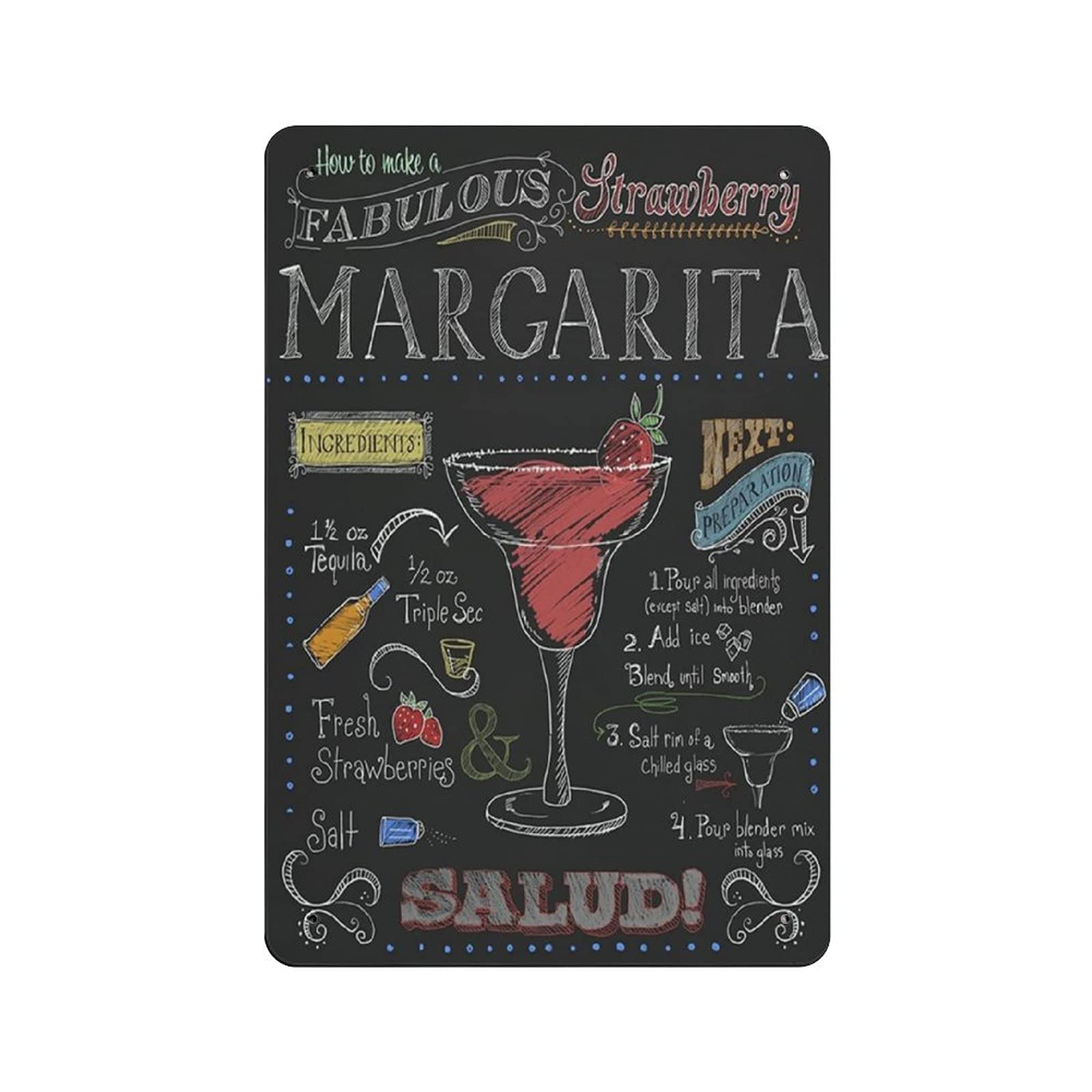 rayprint Metal Tin Sign Strawberry Margarita Recipe Tin Sign Metal Aluminum Sign Vintage Wall Decor Retro Poster for Bars Restaurants Cafes Pubs Home Decoration 12"x8"