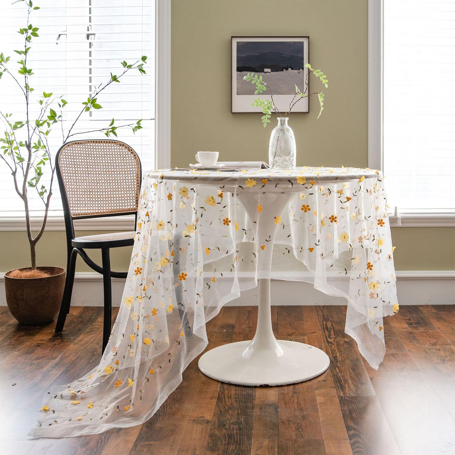 FOELANNE Embroidered Lace Tablecloth, Embroidered Flower Lace Tablecloth Multicolor Multiple Sizes(Yellow Flower,150x220cm)
