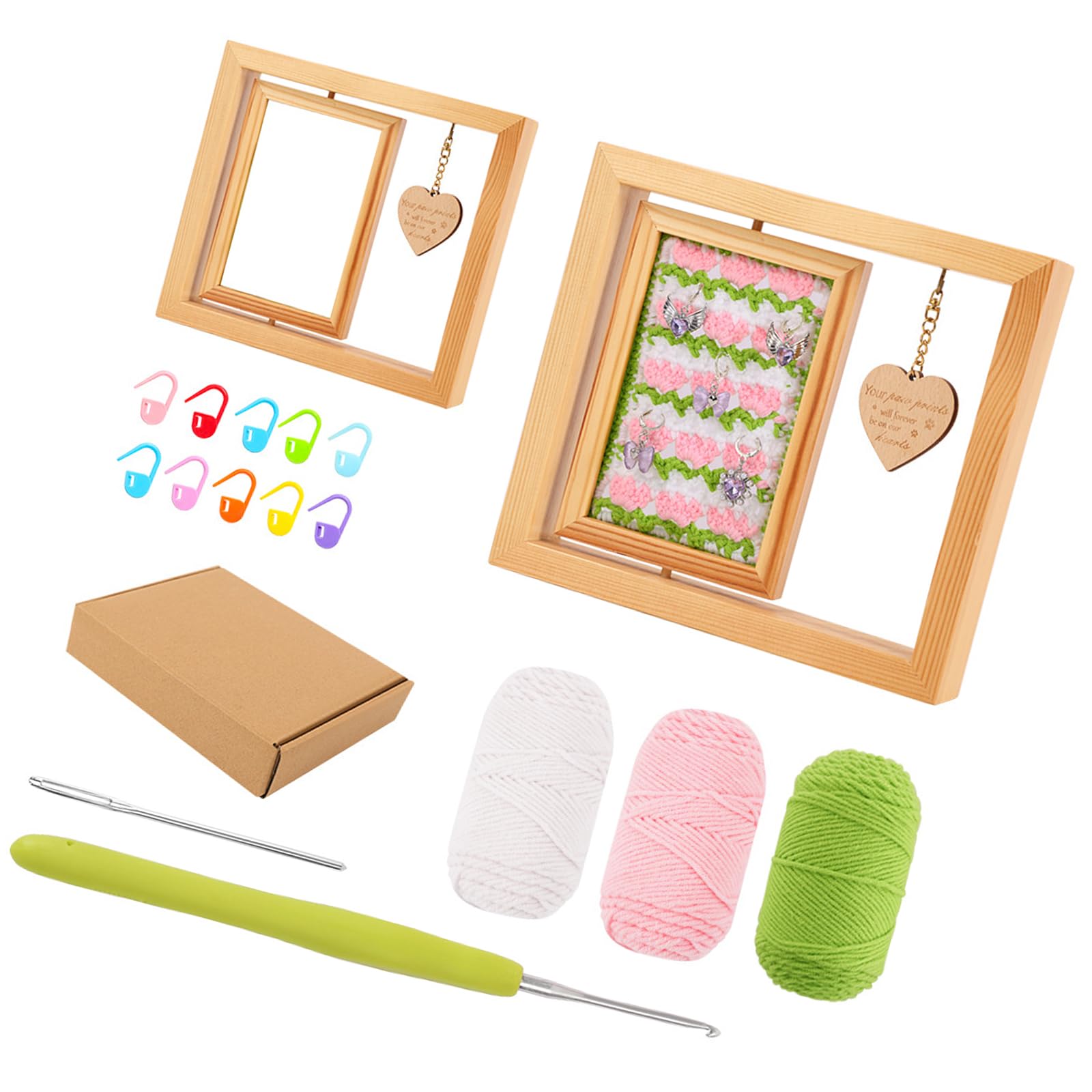 Nucelit Creative Crochet Craft Set Wooden Frame Yarn Hook & Tutorial for Adult Beginners Home Decoration Beginner Crochet with Wooden Frame and Step by Step Instructions