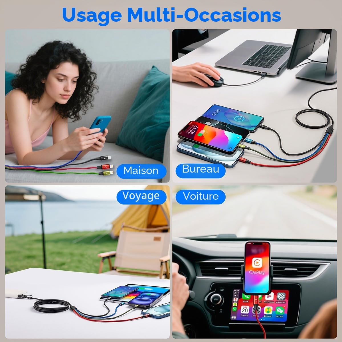 Minlu Câble de Charge 4 en 2, Cable Multi Embout avec Transfert de Données [3,5A 1,2M] Câble Multi USB Universel en Nylon, Câble de Charge Rapide USB avec Micro/Type C/Lightning pour iPhone,Android