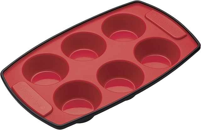 MasterClass Smart Silicone Muffin Tray with 6 Holes, Oven Safe LFGB Grade Silicone, 30 x 18 cm, Red/Black