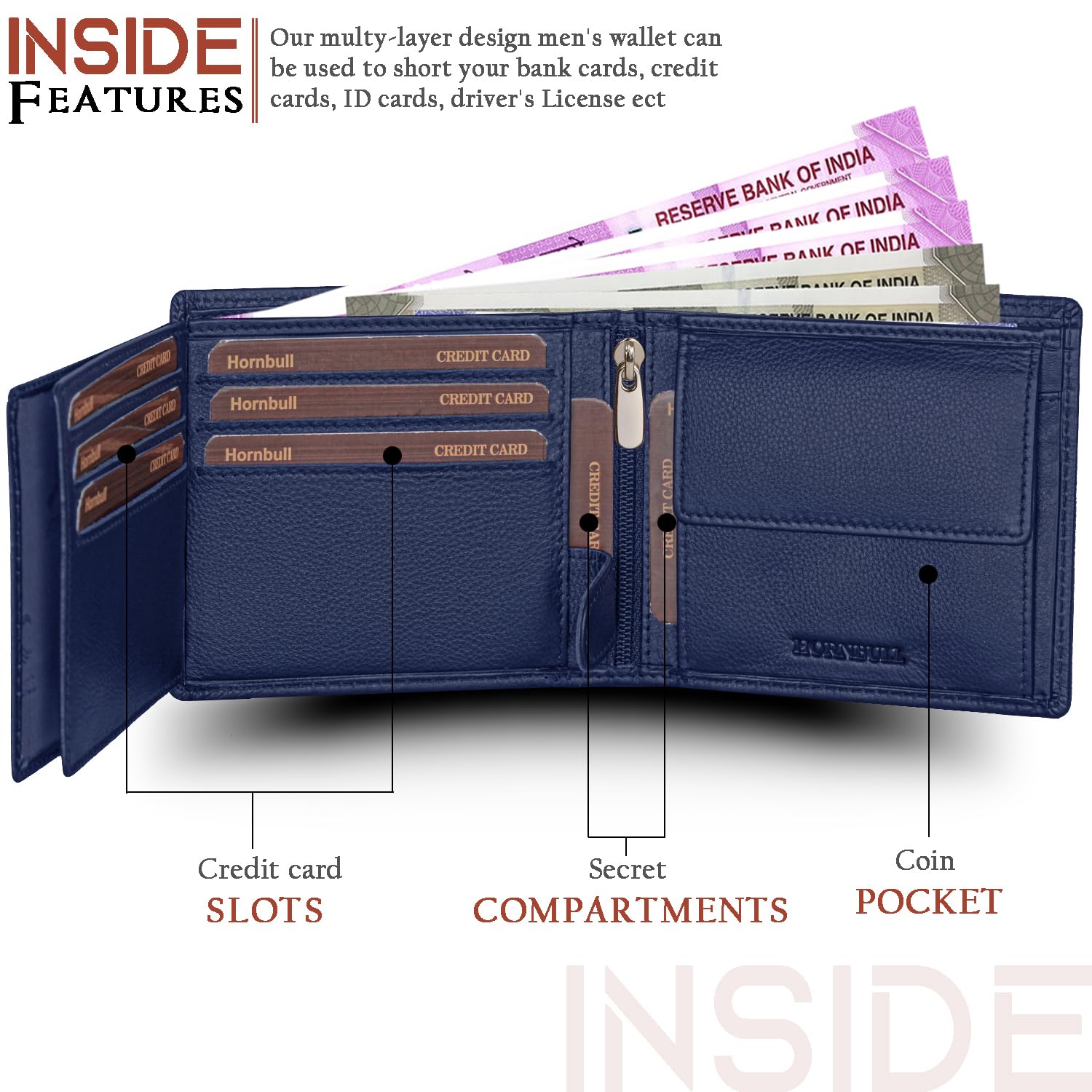 HORNBULL Navy Mens Leather Wallet, Keyring & Pen Combo Gift Set for Men | RFID Blocked, Gift Set for Men - Image 7 thumbnail