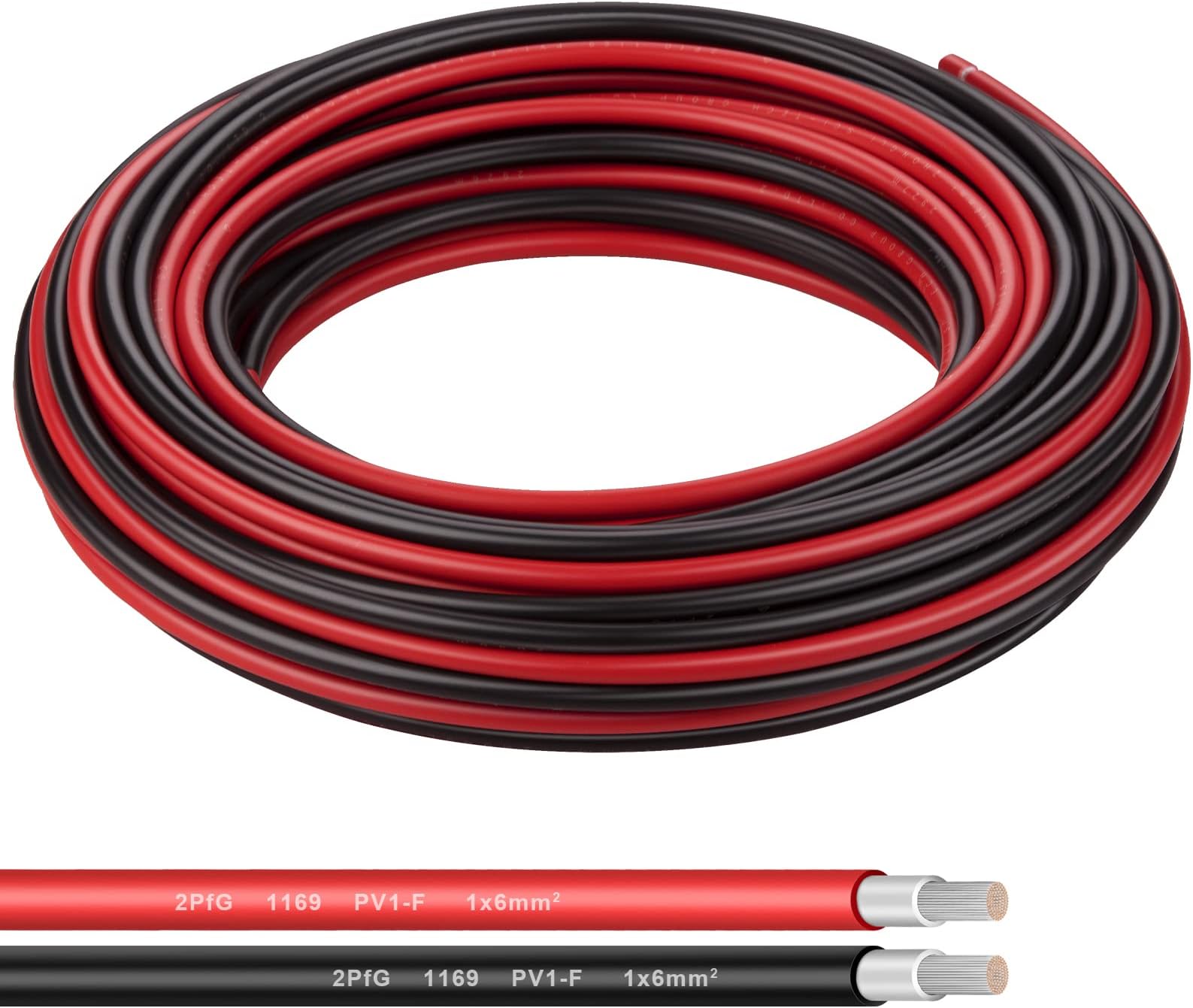 10AWG (6mm²) Tinned Copper PV Extension Cable - Solar Panel Connection Wire for Outdoor RV Marine Automotive Boat (50FT Black + Red Pair)