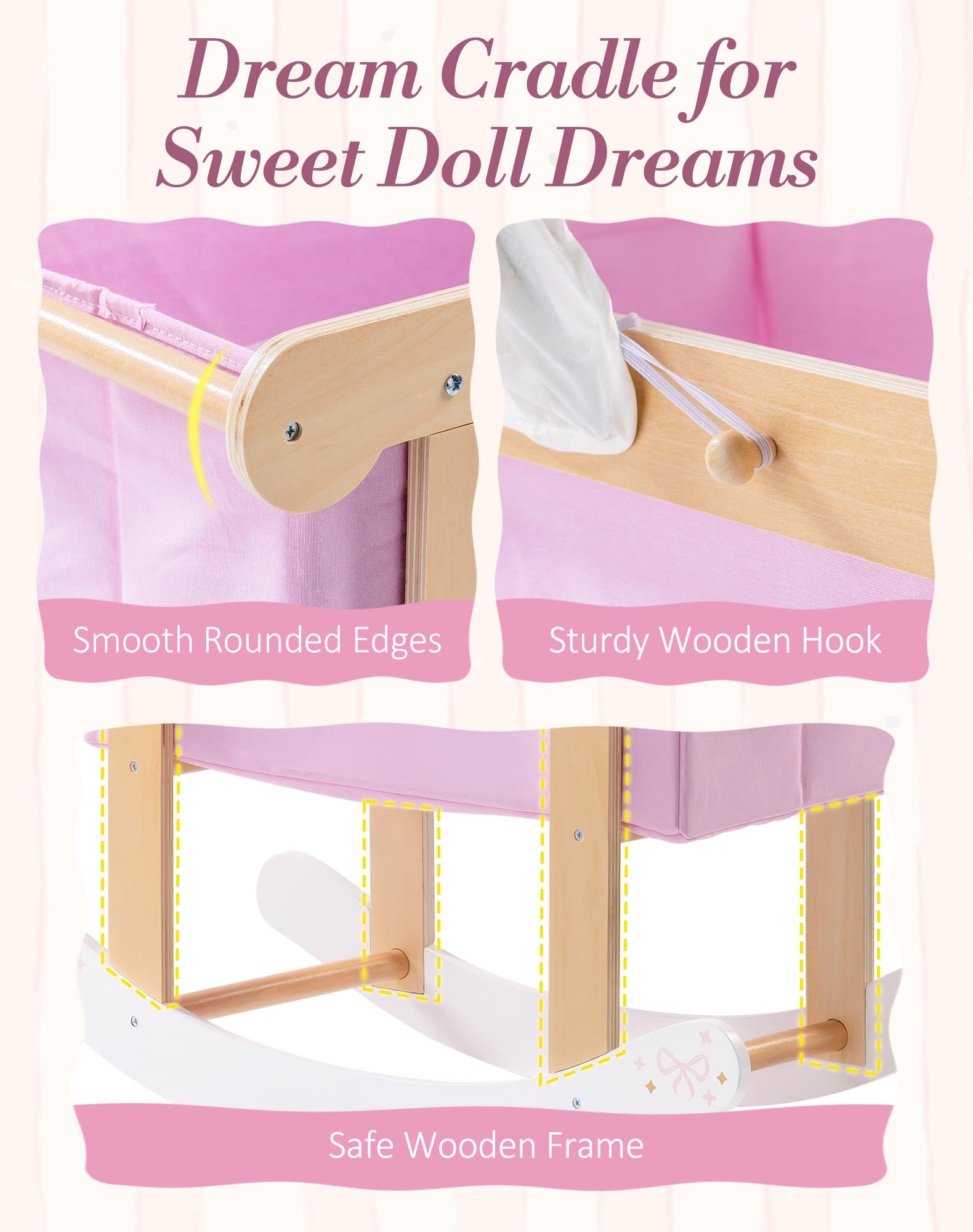 ROBOTIME Cuna de madera para muñecas de 18 pulgadas, color rosa