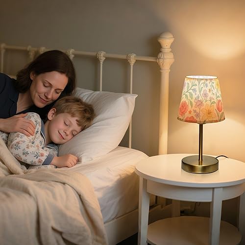 Miniatura 6 de Retro Pastel Floral Pattern Table Lamp for Bedroom 3 Lighting Modes Bedside Lamps with Fabric Shade for Bedside Desk Office Reading, Metal Base