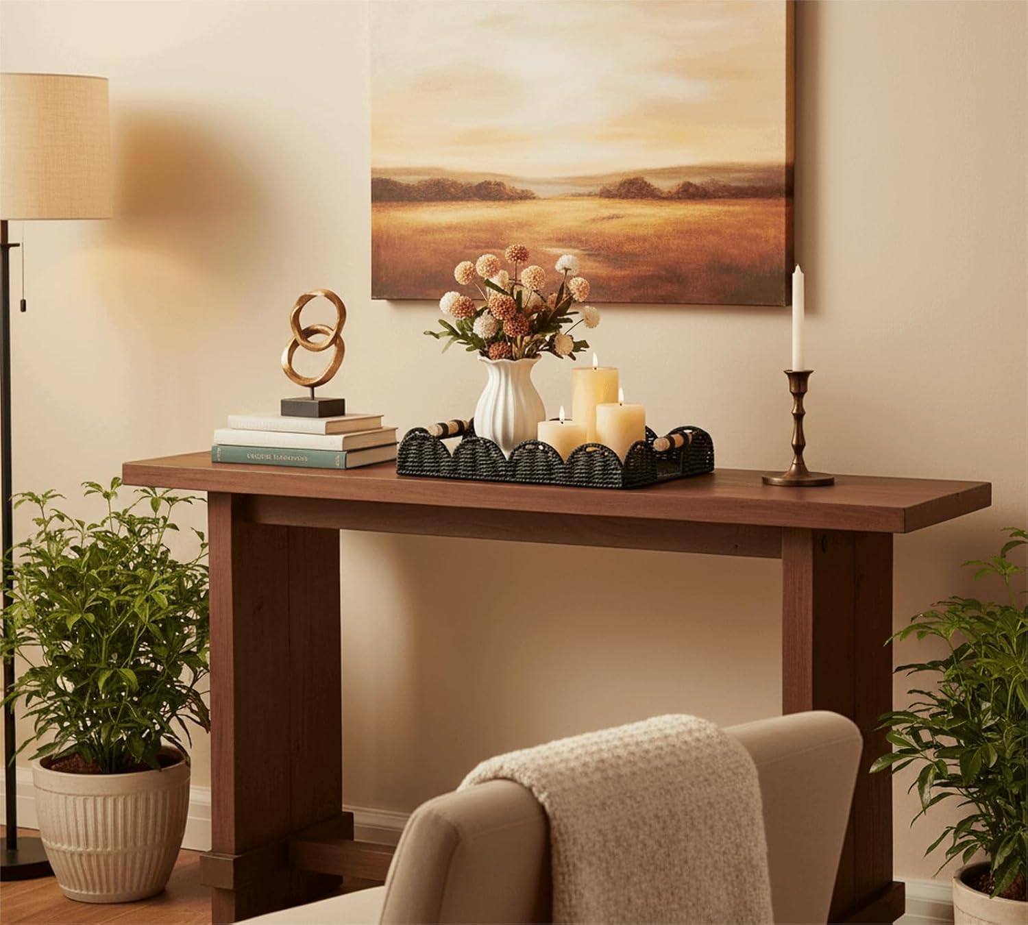 CubesLand Rectangular Scalloped Decorative Centerpiece Tray for Coffee Table, Home Decor, Living Room - Black Tray w/Wooden Handle – Warm and Elegant for Holidays, Housewarmings - Candle Plate Holder