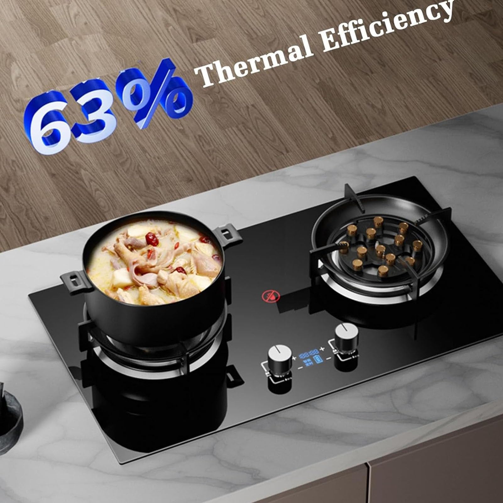Cuisinière À Gaz 2 Brûleurs, Brûleur Wok À Anneau De Feu 13 Cavités De 5,2 KW, Avec Protection Contre L'extinction De La Flamme Et Minuterie, Kit GPL/gaz Naturel(NG)
