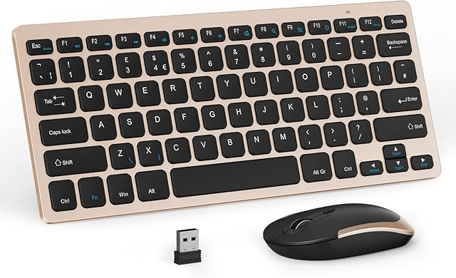 Compact Wireless Keyboard and Mouse Combo, 2.4G Portable Small Cordless Keyboard & Mouse Set UK QWERTY Layout for PC Computer Laptop, Black and Gold