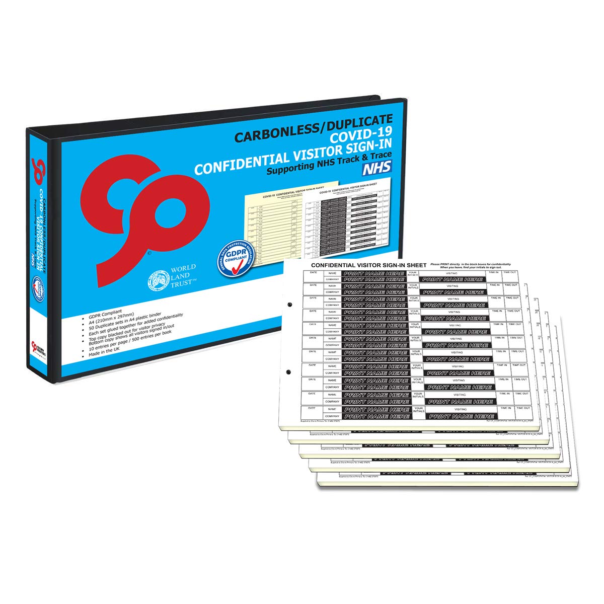 Cherry GDPR Compliant Confidential Visitor Sign in for Track and Trace Duplicate Book A4 50 Sets with Binder **Plus 5 Additional Refill Packs**