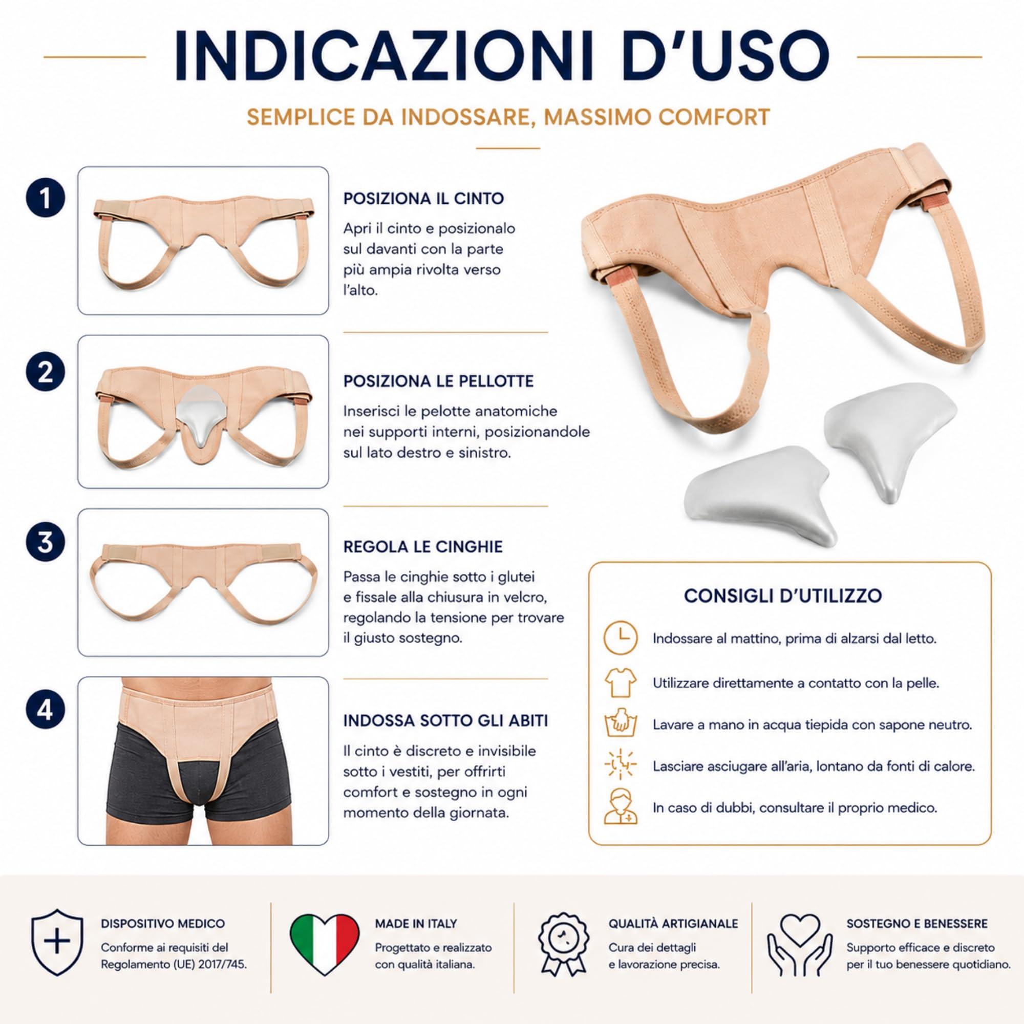Kefrell Cinto Erniario Inguinale Regolabile, Fascia Contenitiva Ortopedica 5 cm, Tessuto Elastico Ipoallergenico, Compressore a Velcro Removibile, Supporto Post Operatorio, Made in Italy (100)