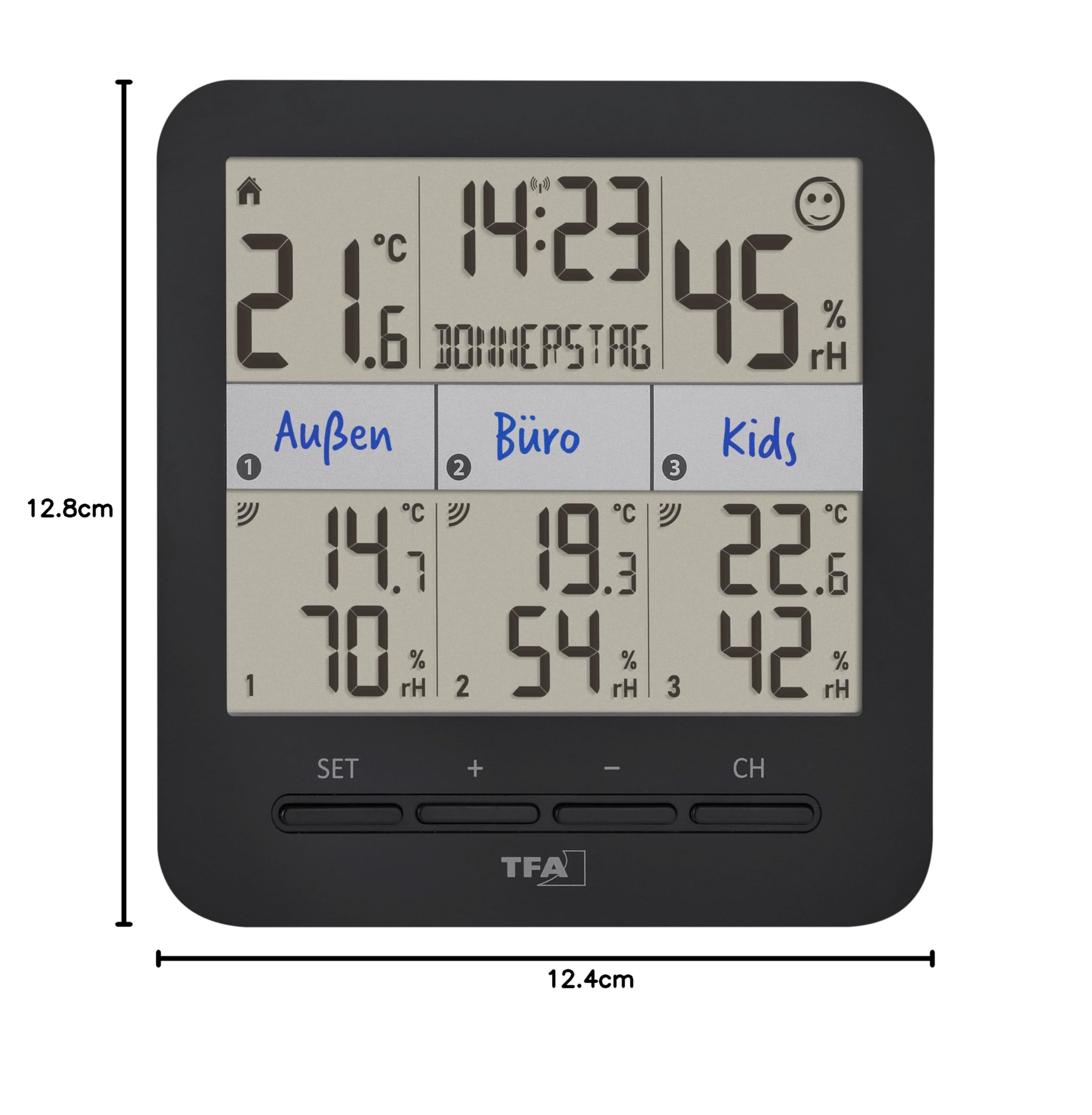 TFA Dostmann Termohigrometr z 3 nadajnikami Klima@Home2, 30.3075.01, temperatura/wilgotność powietrza w pomieszczeniach mieszkalnych i roboczych, wraz z podaniem punktu rosy w celu uniknięcia