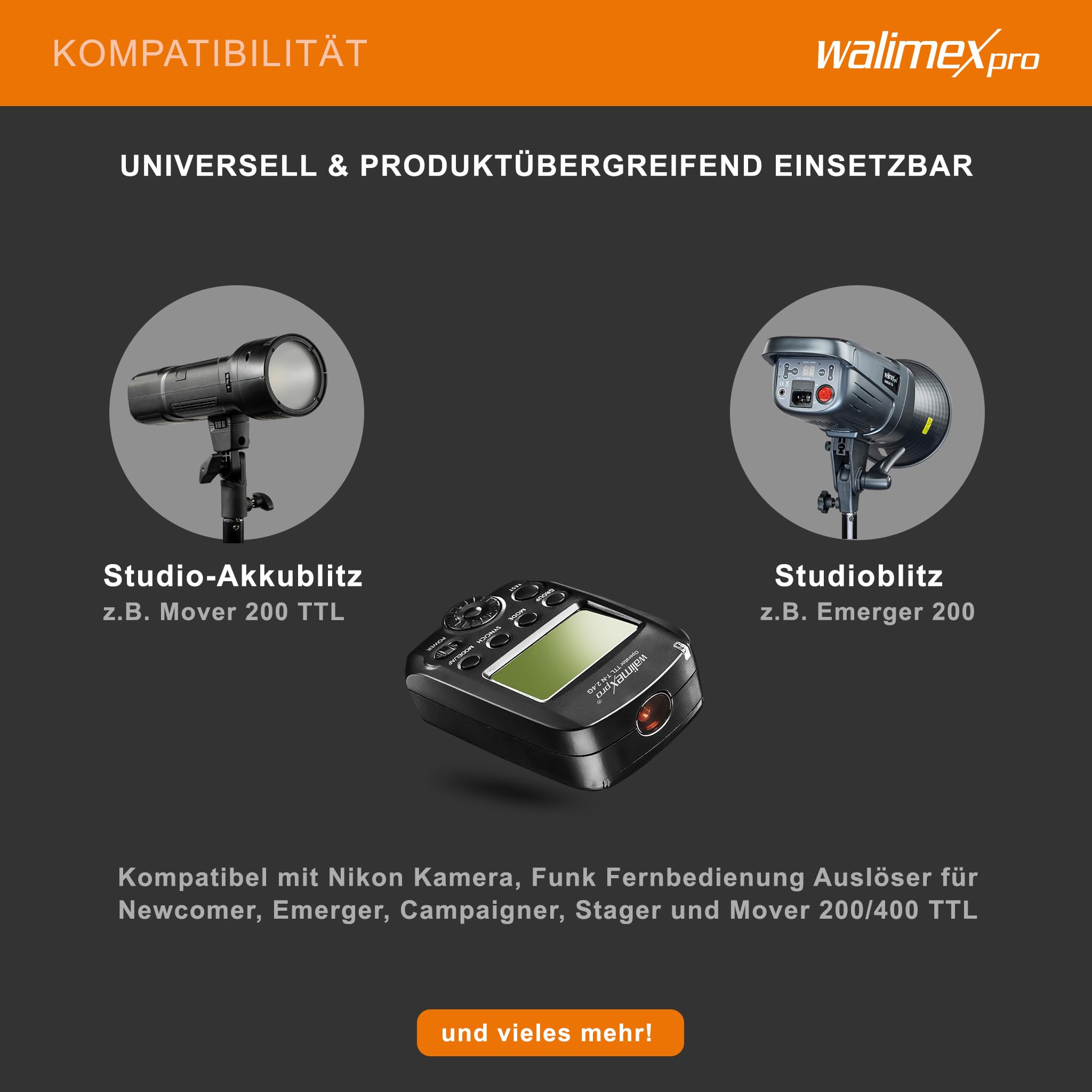 Walimex pro Operator TTL T-N kompatibel mit Nikon Kamera, Funk Fernbedienung und Funk Auslöser für Newcomer, Emerger, Campaigner, Stager und Mover 200/400 TTL