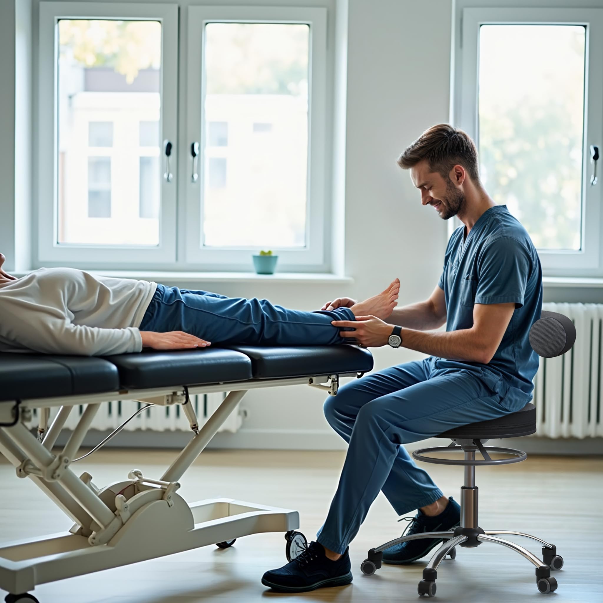 Sanus®-Gesundheitsstuhl | Rollhocker mit 360° Lehne, höhenverstellbarer Lehne, Sitzhöhe (42-51 cm), Stoffbezug grau/schwarz, Rollstopp-Rollen. Ergonomischer Bürostuhl, Erzieherstuhl