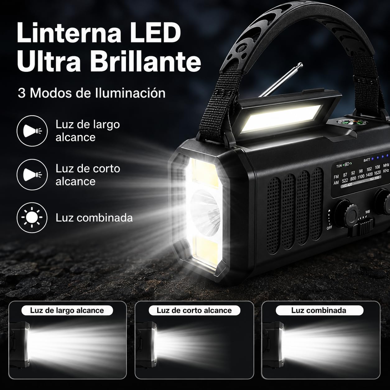 Radio de Emergencia Portátil 20000 mAh, Alarma SOS, Radio FM/Am con lámpara de Lectura, brújula,generador de manivela y Carga Solar, para Exteriores, Carga de Emergencia para Smartphones (Black)
