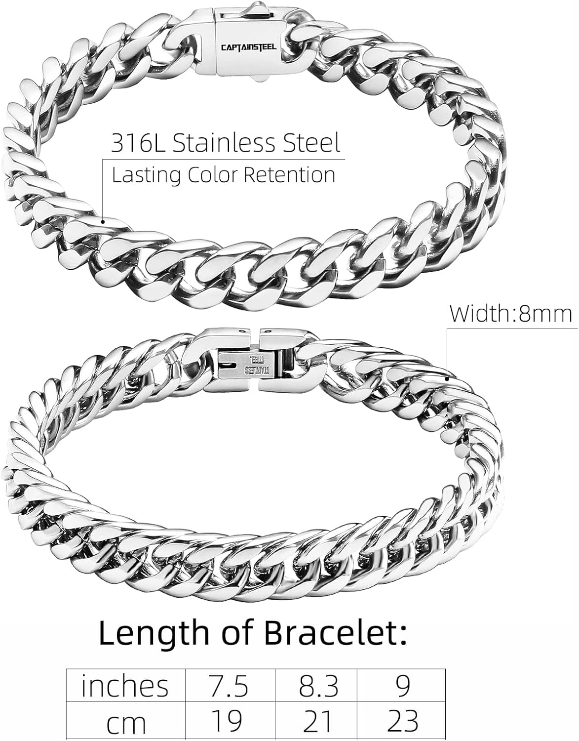 CaptainSteeL 2Pcs Cuban Link Chain Bracelet Set - Stainless Steel Bracelet, Gold Plating, Fashion Jewelry for Men, Women, Boyfriend, Lover, 7.5/8.3/9 Inches - Image 2