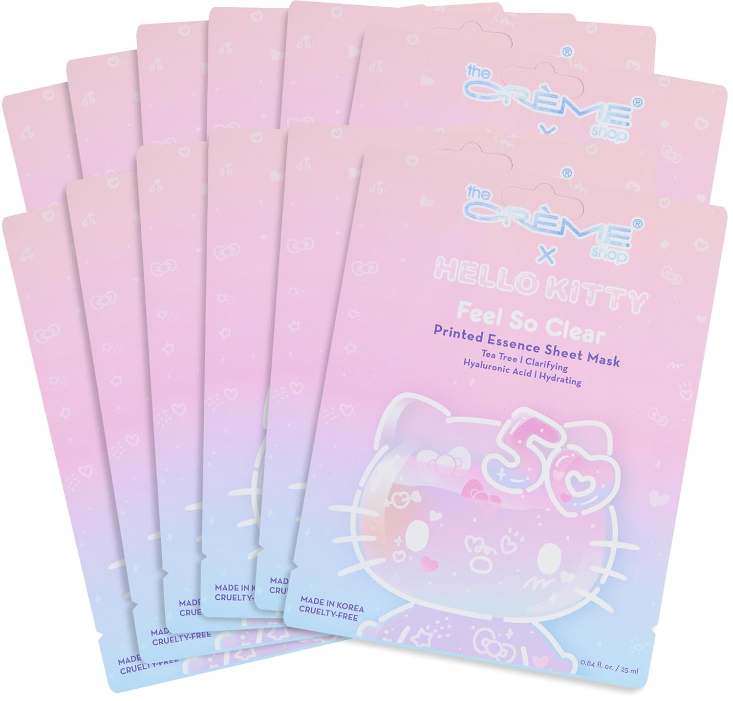 The Crème Shop x Hello Kitty Feel So Clear Printed Essence Sheet Mask, Clarifying and Hydrating Face Mask with Tea Tree and Hyaluronic Acid - 50th Year Anniversary Limited Edition - (Pack of 12)