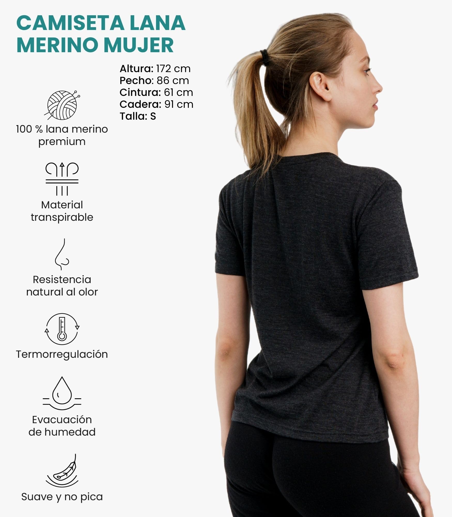 Camiseta Manga Corta Lana Merino Mujer - Lana Merino + Calcetines | Secado rápido, absorbe sudor, antiolores, camiseta térmica de fácil cuidado