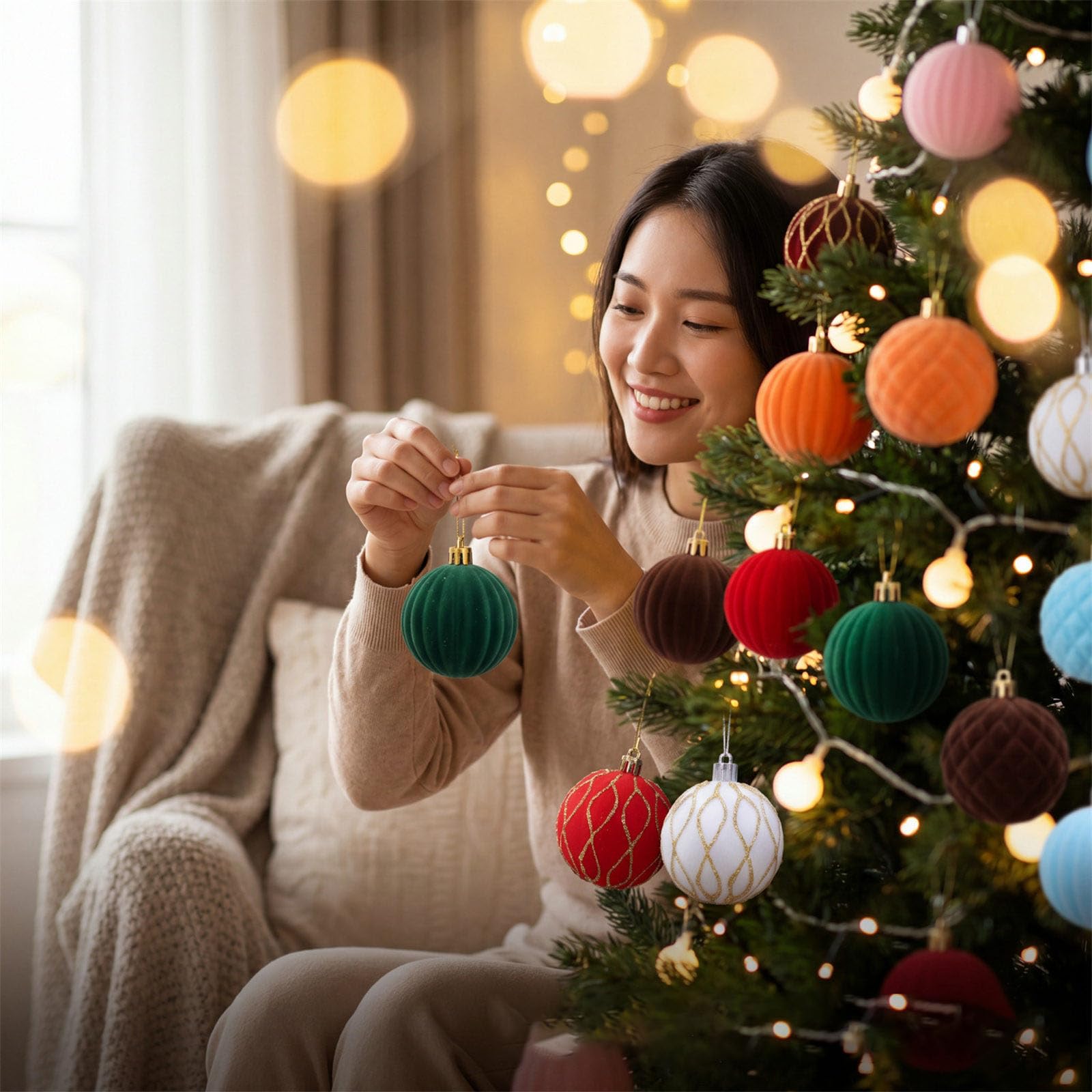 24 Stück glitzernde, samtige Weihnachtskugel Ornamente, bruchsichere Weihnachtskugeln aus Kunststoff für Baumsimse, Türdekoration, Zuhause, Urlaub, Terrasse