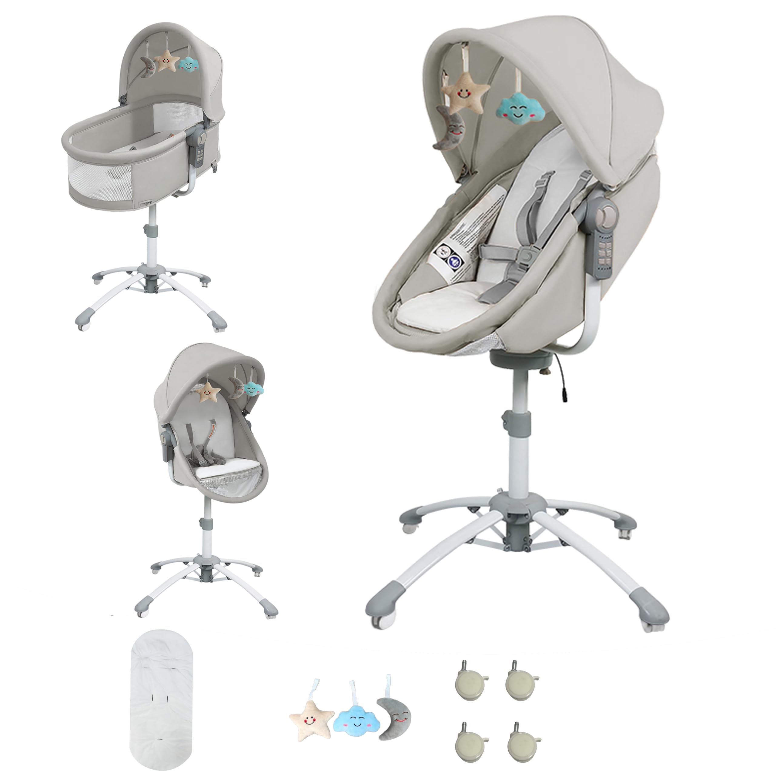 3 en 1 Cama de bebé a mi Lado, Multifuncional Ajustable Cuna eléctrica para bebé recién Nacido con agitación y música, Se Puede Convertir en una Silla Alta de con Ruedas (Grey)