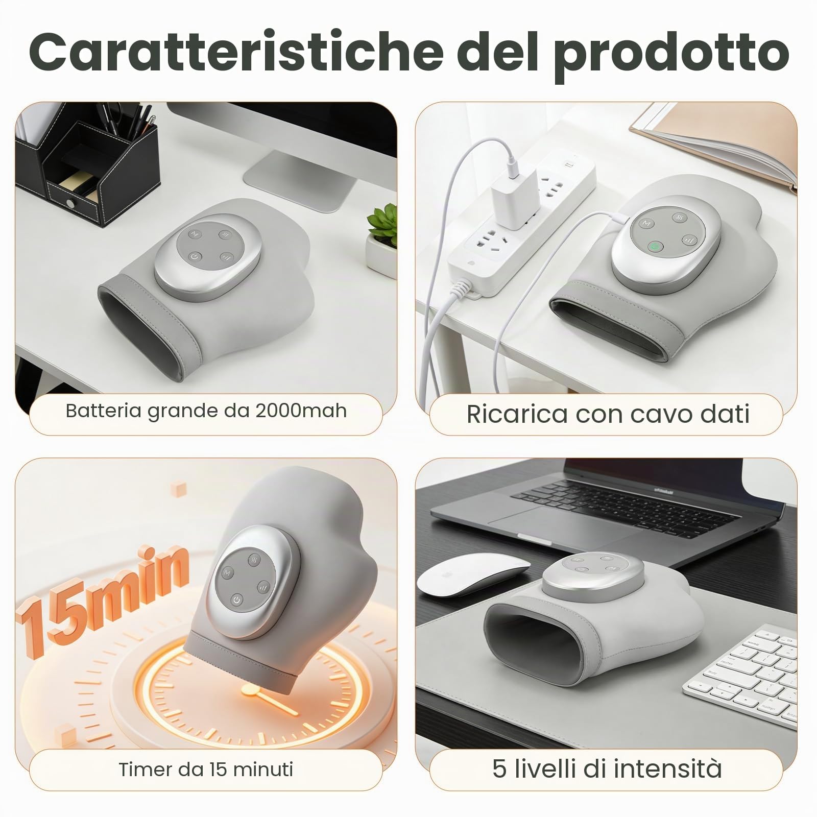 Massaggiatore mano con calore & compressione contro artrosi & stanchezza manuale, 3 modalità, 3 livelli calore, 5 livelli pressione, guanto ricaricabile, regalo relax