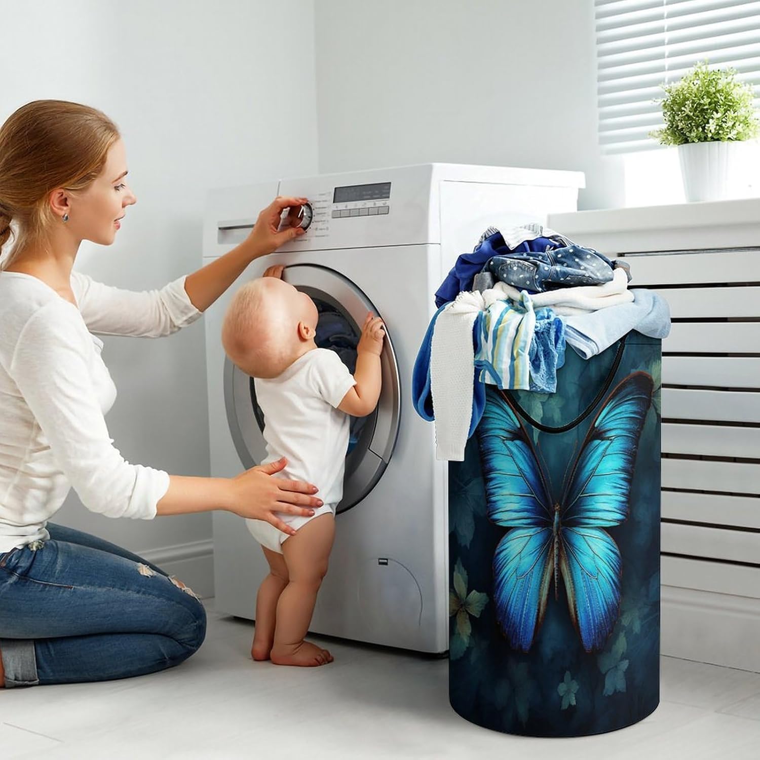 Blue Butterfly Pattern Laundry Basket Large Foldable Laundry Hamper with Handles Freestanding Collapsible Clothes Basket Waterproof Portable Dirty Clothes Hamper for Bathroom 86L