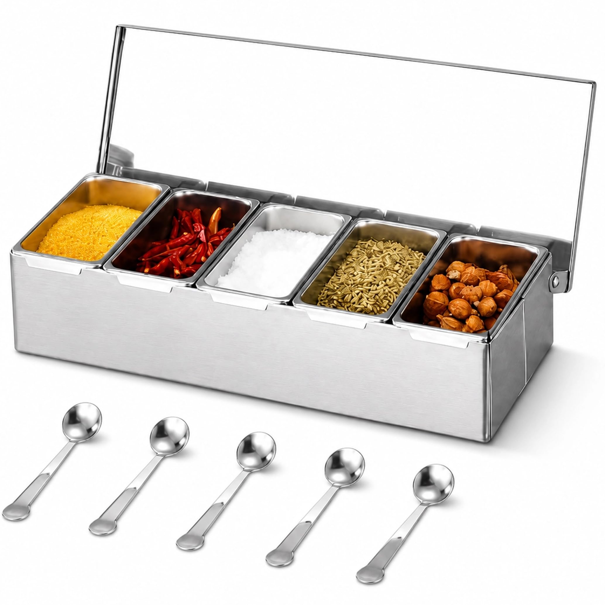 Monwssoe Spice Racks, Ingredient Container, Multi-compartment Stainless Steel Ingredient Container, Pizza Topping Station with Flip Lid & Spoon (5 Grid)