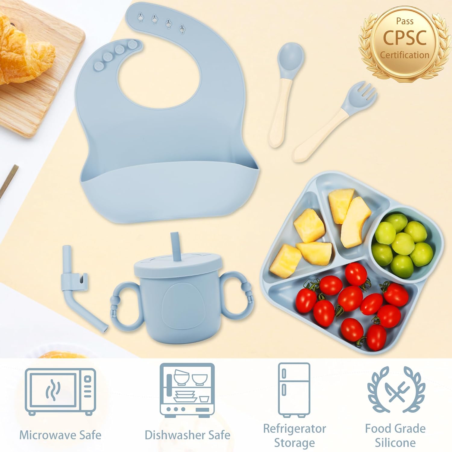 Silicone Baby Feeding Set, Baby Led Weaning Supplies, Silicone Suction Plate, Bowl, Spoons, Fork, Waterproof Bib, Cup and Food Tableware, Eating Utensils Baby Feeding Essentials for 3+ Months