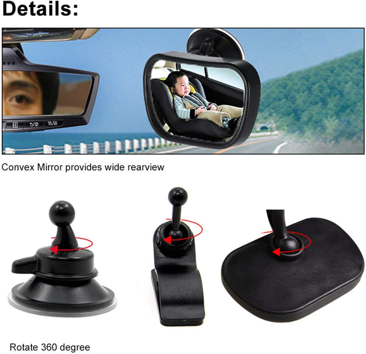 AnHua 2 Pcs Safety Car Back Seat Baby View Mirror Adjustable Baby Rear Convex Mirror Car Baby Kids Monitor Mini Baby Products Two installation methods