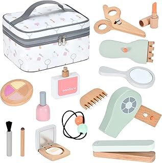 Ehome Kids Makeup Kit for Girl Toys, Wooden Salon Toys Toddler Pretend Makeup Kit for Little Girls Princess Gift Wood Play Make Up Beauty Set Toys for Girls Age 3 - 9 Birthday Christmas