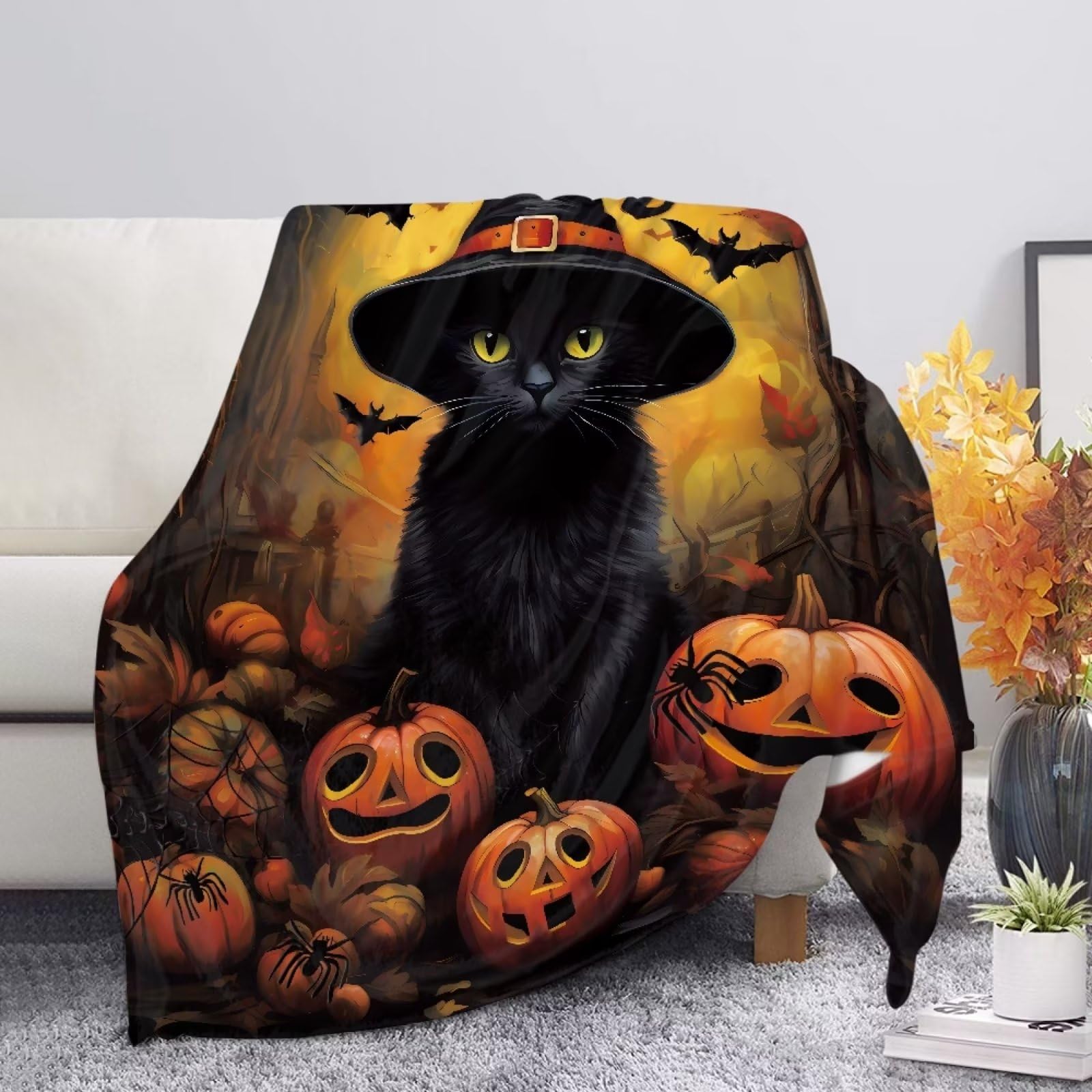 Halloween Plüschdecke 150x130cm - Kürbis & Geister Motiv Flanell Überwurf