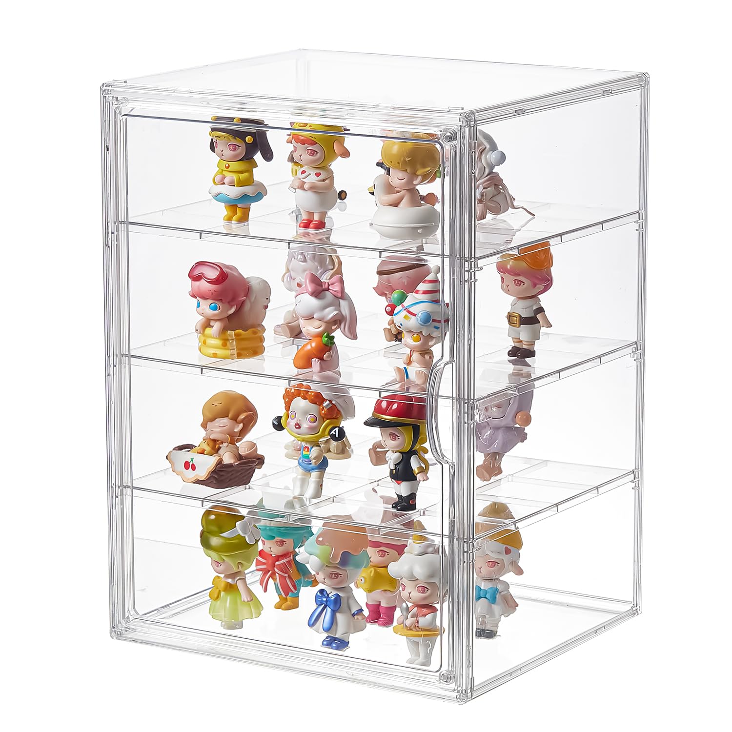 4 Tiers Clear Acrylic Display Case, Plastic Storage Bins with 3 Adjustable Divider and Magnetic Door,Stackable Display Box for Figures Showcase (XXL-4 Tier-1 Pack)