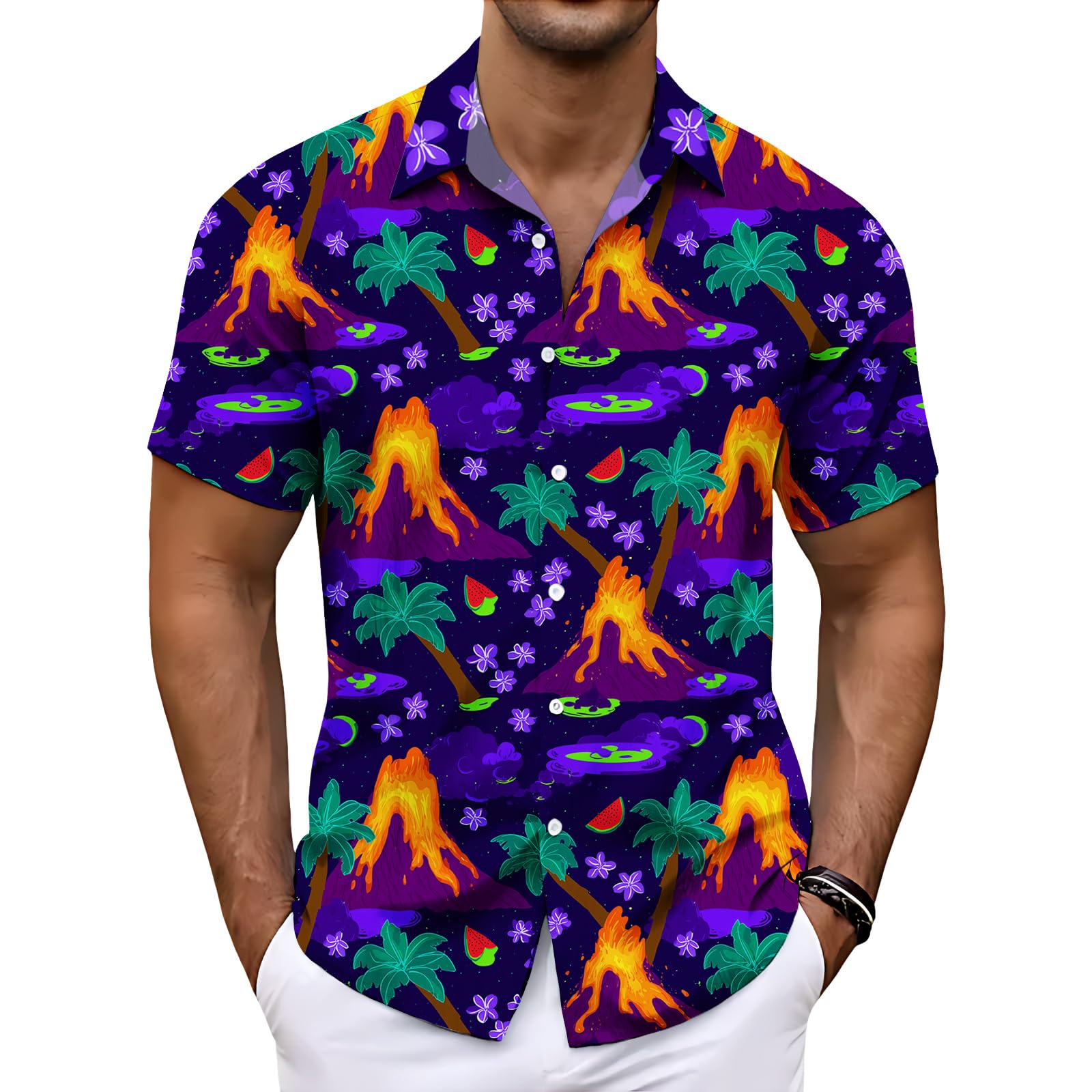 Men's Hawaiian Button Down Shirts Short Sleeve Tops Tropical Graphic Loose T-Shirt Collared Novelty Beach Shirt