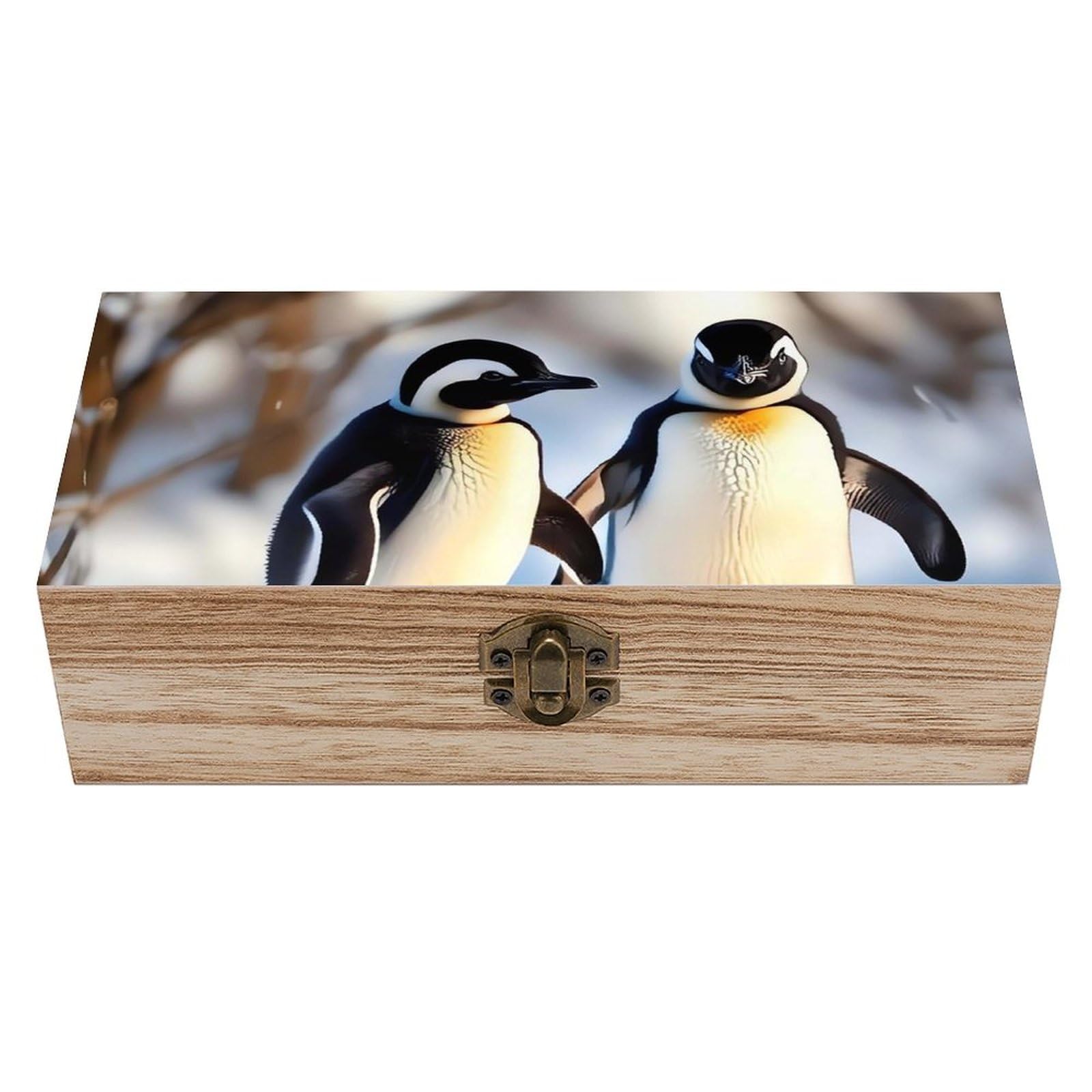 Boîte de rangement bois coffret bijoux souvenirs pingouins couvercle maison