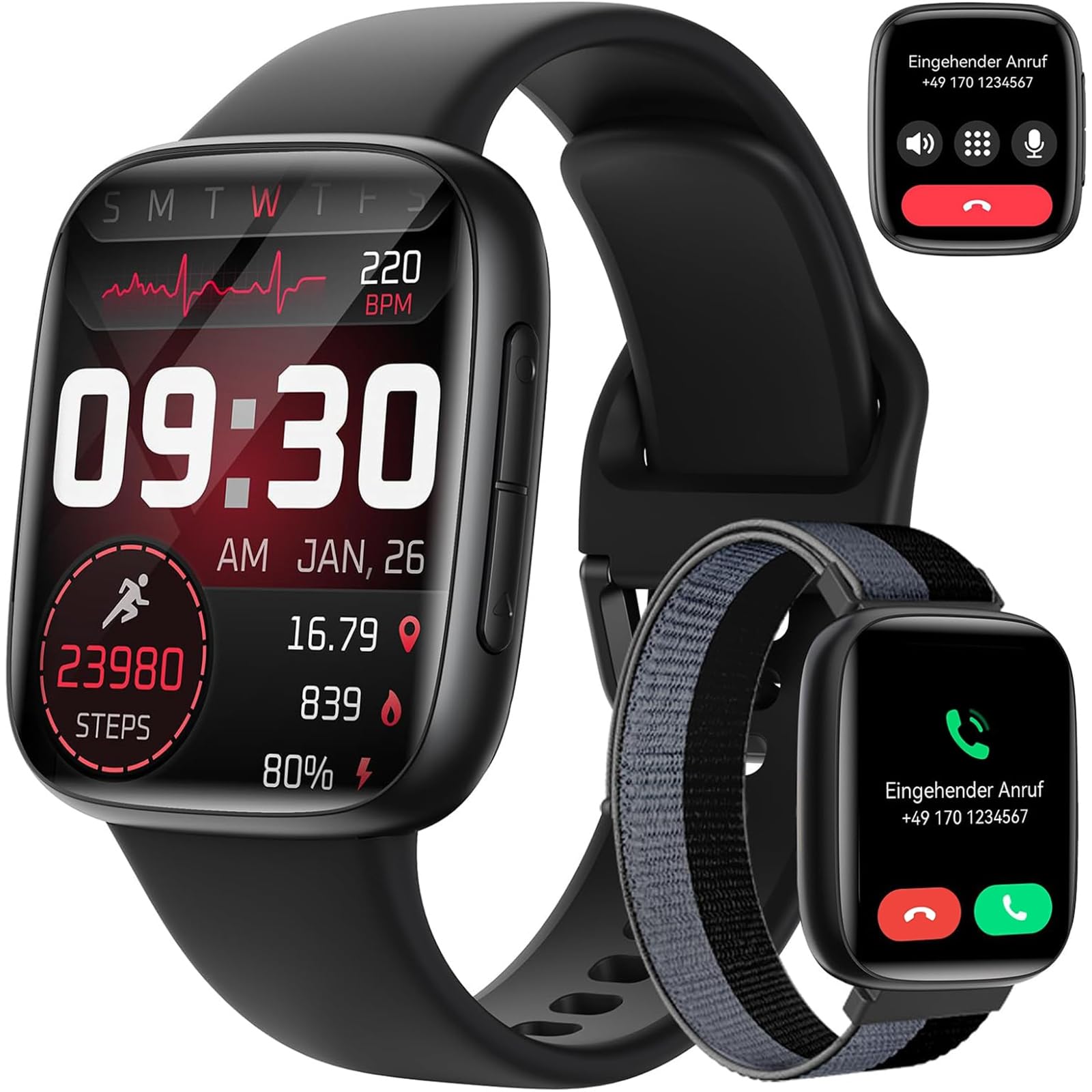 Smartwatch Damen Herren, 1,85″ AMOLED Touchscreen, Fitness Tracker mit Bluetooth Anrufen & KI, Herzfrequenz, SpO2, Schlaf- & Frauenzyklus-Tracking, 100+ Sportmodi, 3ATM Wasserdicht für iOS & Android