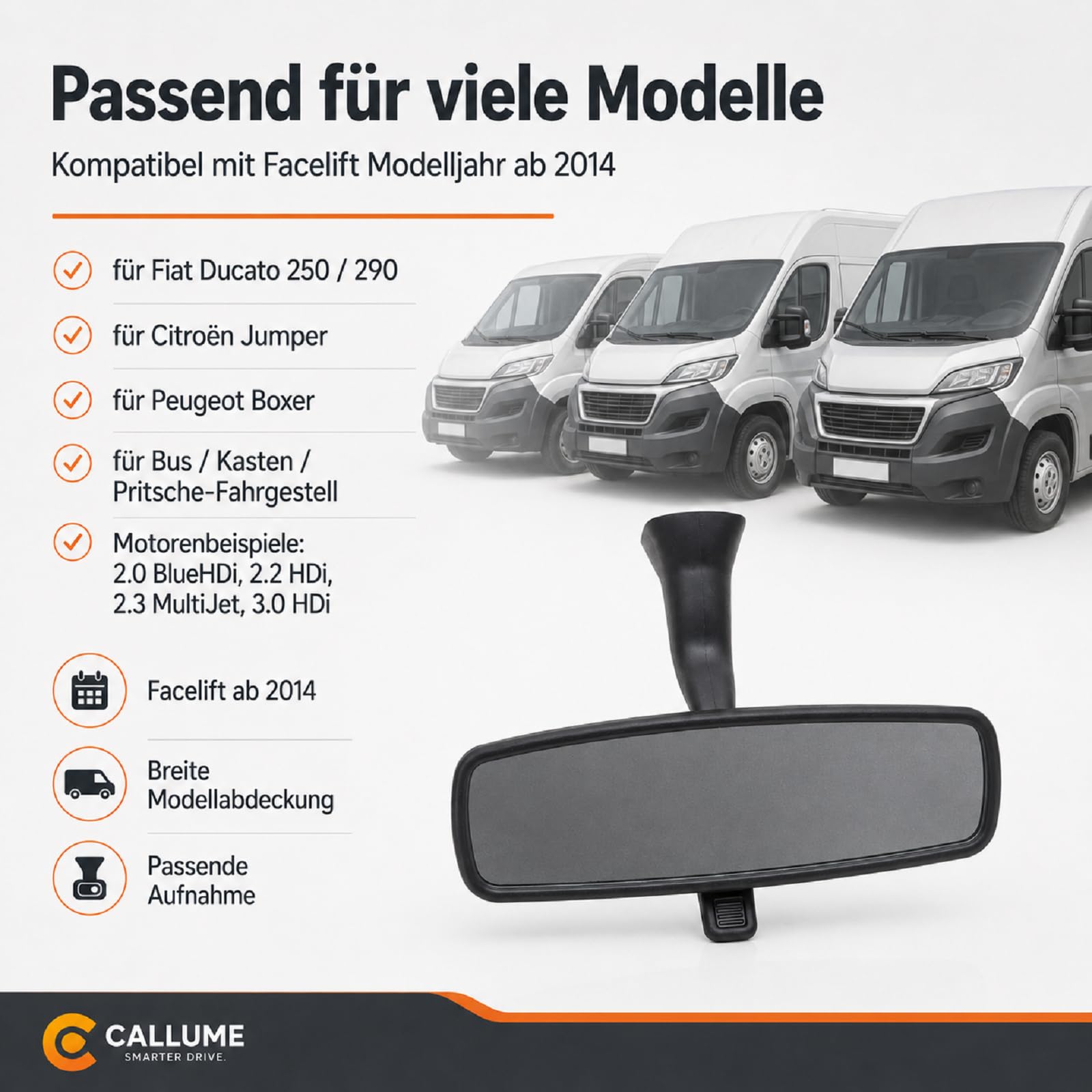 Innenspiegel Kompatibel mit Fiat Ducato 250 Jumper Boxer ab 2014 | Passgenaue Ausführung mit klarer Sicht, Referenznummern 735585204 und 735695390.