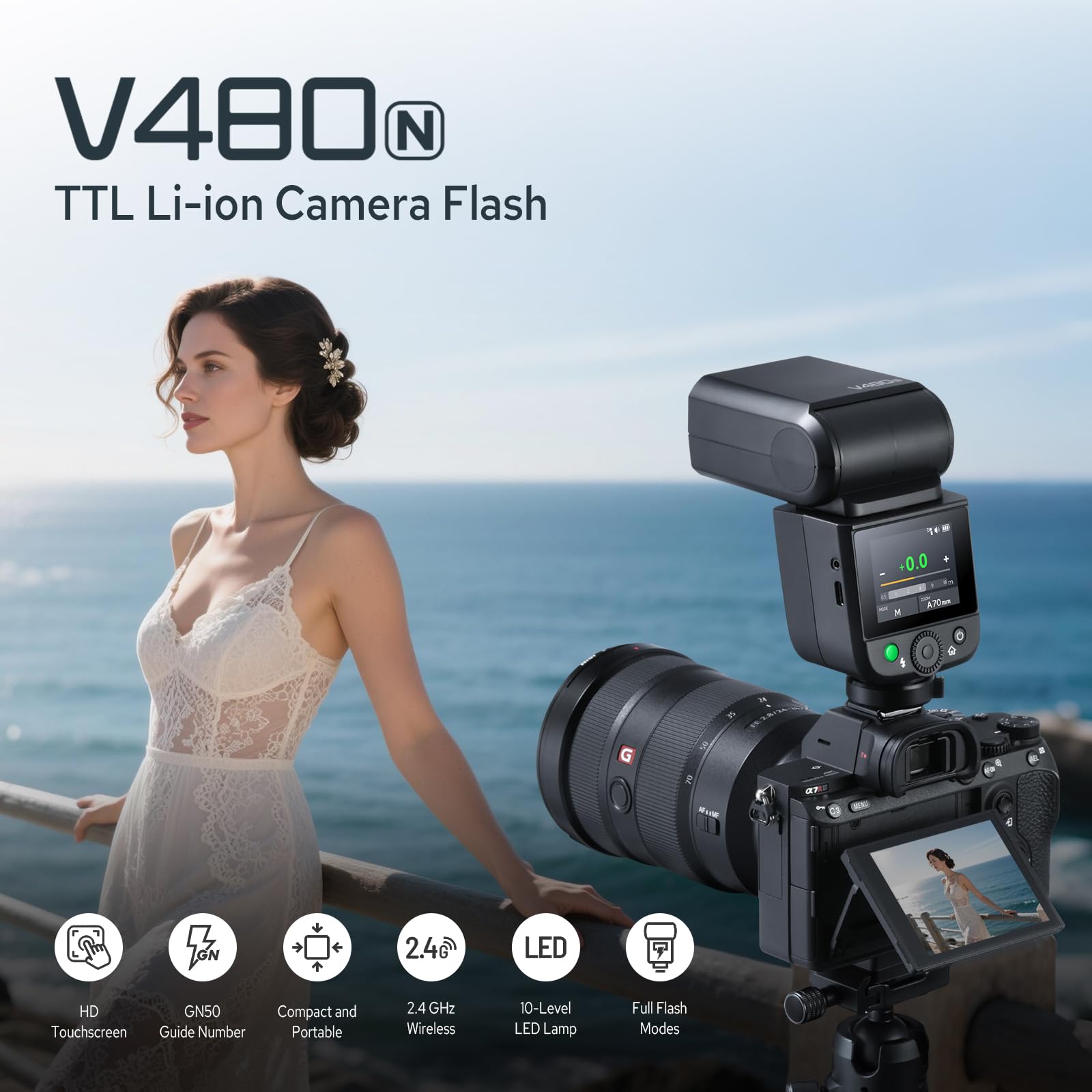 Godox V480-N Flash TTL pour Appareil Photo Nikon, GN50 Speedlite Tactile Écran Flash de Nikon, HSS 1/8000s USB-C Charge Support 650 Fois Flashs avec Modeling Lampe
