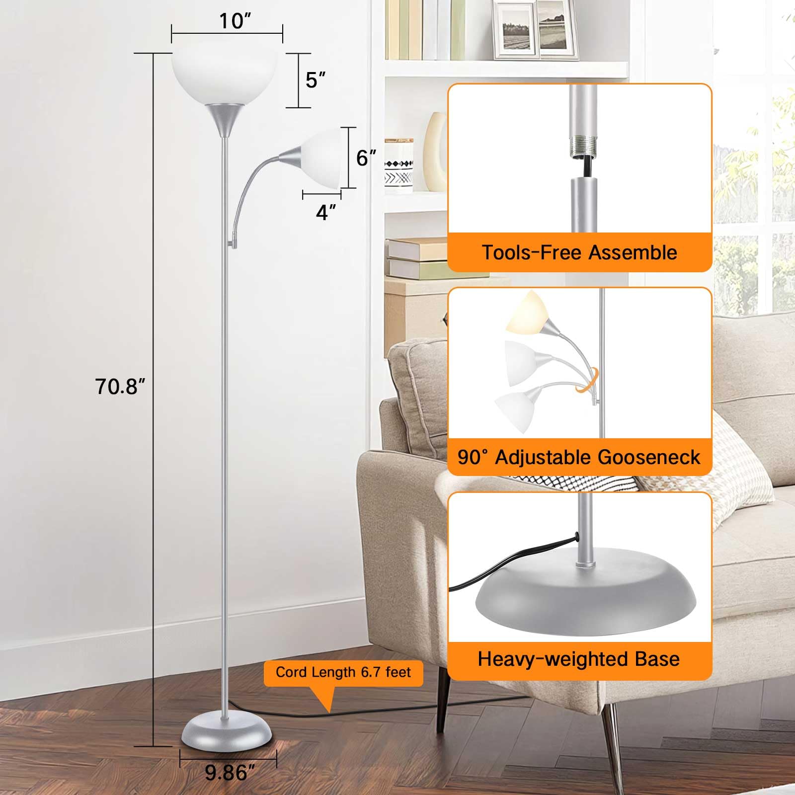 OUTON Lampara de Pie para Sala de Estar con Leselampe, Deckenfluter LED Dimmbar, 3 Farbtemperaturen, 1H Timer, con Fernbedienung y 9W Glühbirnen, para Wohnzimmer, Büro, Schlafzimmer, en Plata Gris