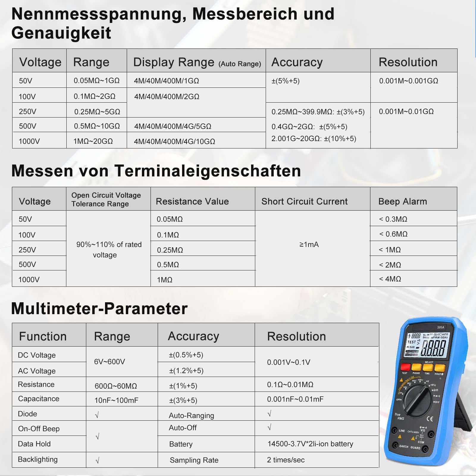 Isolationswiderstandsmessgerät + Digital multimeter-Kombigerät Megohmmeter-Spannungsbereich: 50 V–1000 V Widerstandsbereich: 0,05 MΩ–20 GΩ Digital multimeter misst Wechsel-/Gleichspannung, Widerstand