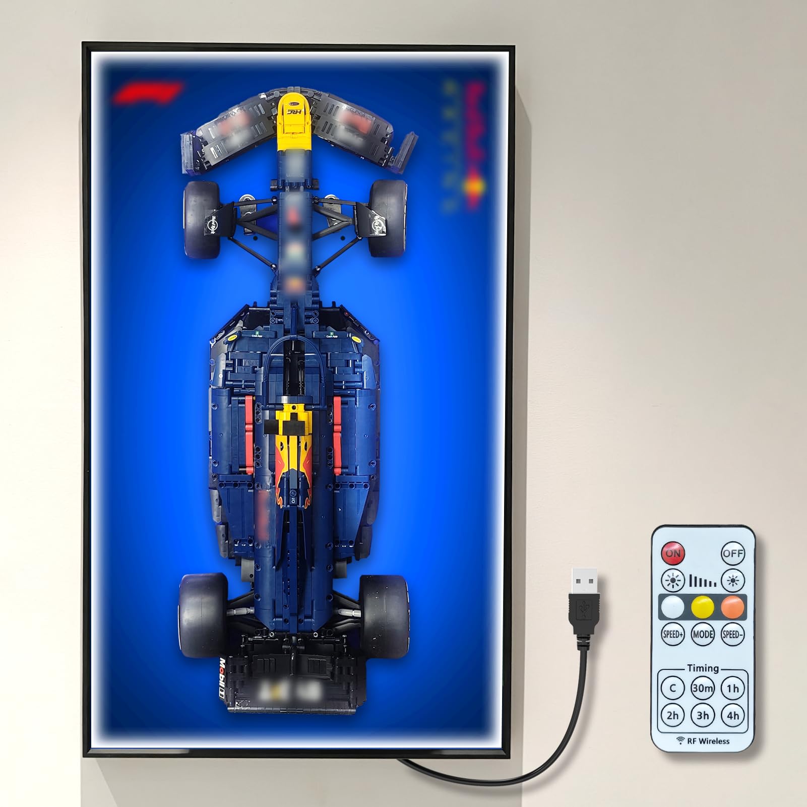Display Wandtafel für Lego Technic F1 Rennwagen 42206 Mit LED Rahmen Präsentationswand für Formel 1 Auto Wandhalterung 75 * 45CM （ Fernbedienung und Rahmen ）