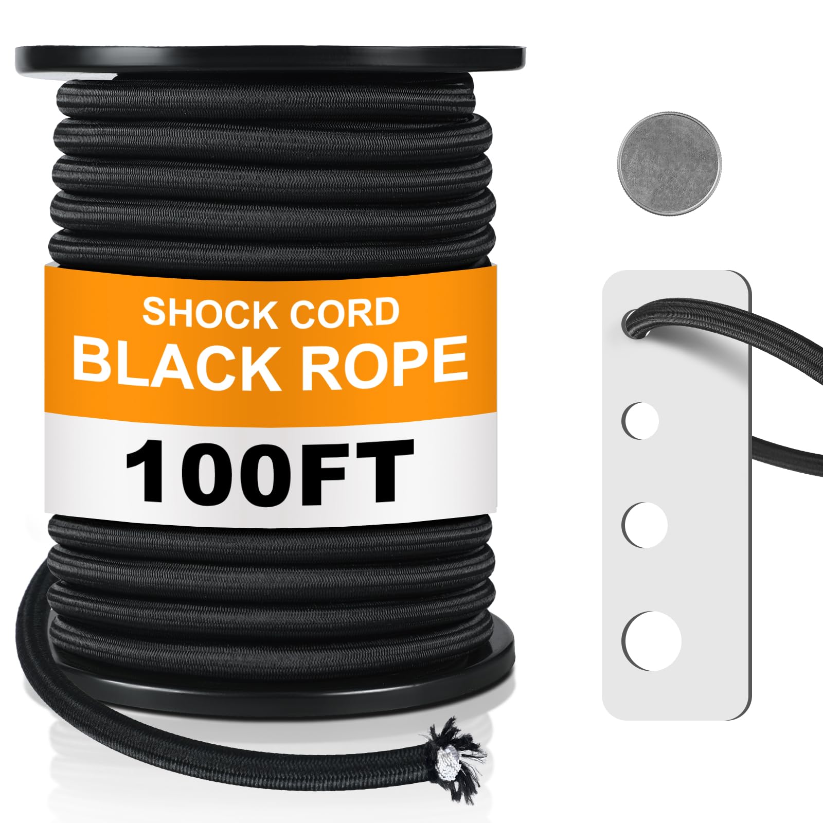 Wesnoy 3/16 Inch 100 ft Bungee Shock Cord Rope Heavy Duty Kayak Bungee Elastic Stretch Shock Cord Black Polyester Stretch Rope for DIY Projects Kayak
