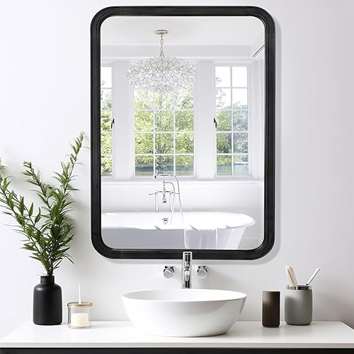 WallBeyond Espejo de baño de madera para pared de 24 x 36 pulgadas, espejo rectangular con marco de madera para casa de campo, baño, tocador, espejo