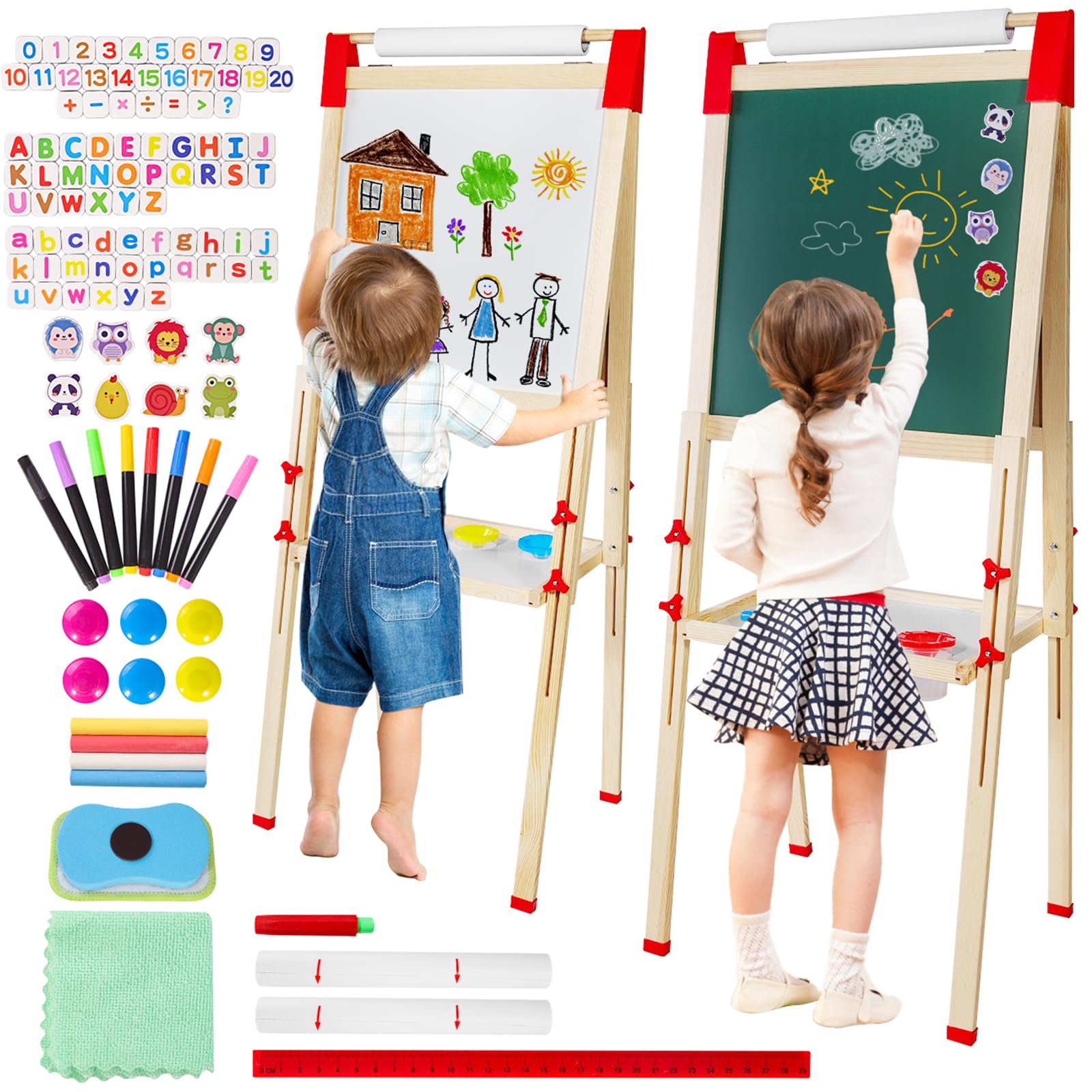 Kids Easel with Paper Roll Double-Sided Wooden Art Easel Easel for Kids Whiteboard & Chalkboard Adjustable Standing Toddler Easel with Accessories Birthday Gift for Boys and Girls
