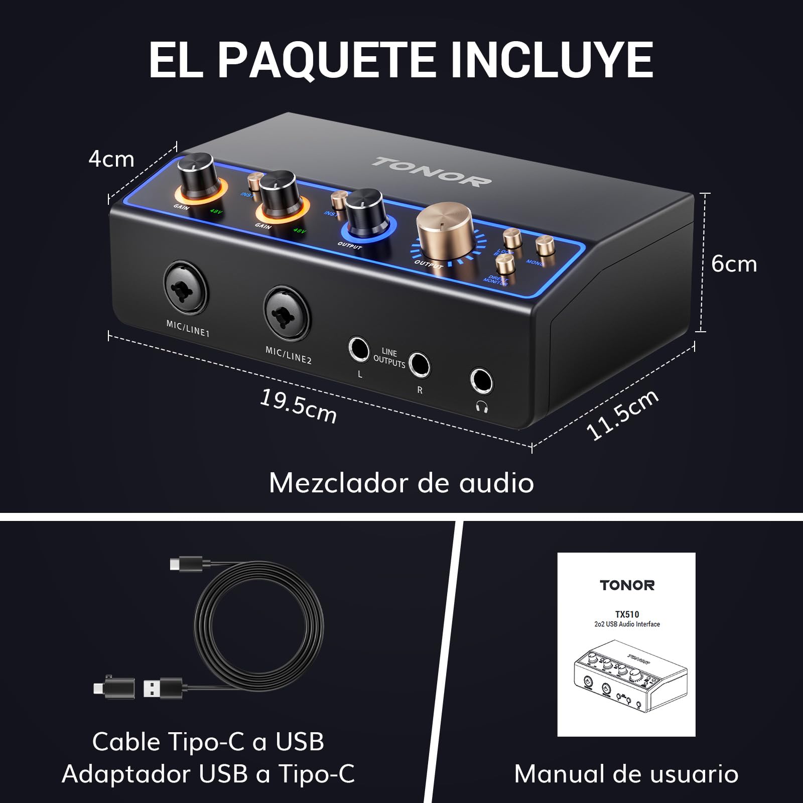 Interfaz de Audio TONOR, Mezclador de Audio de 2 Canales XLR con RGB para Creadores, Botón de Retorno, Grabación de Estudio, Pre-amplificador Profesional para streaming, Podcasting, TX510 Negro