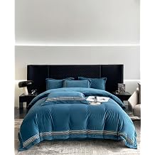 Winter 4 Pieces Duvet Cover Set King, Luxurious Velvet Bedding Set,Soft Comforter Set, Thick Warm Embroidered Solid Color Quilt Cover Plush BeddingBlue,Queen