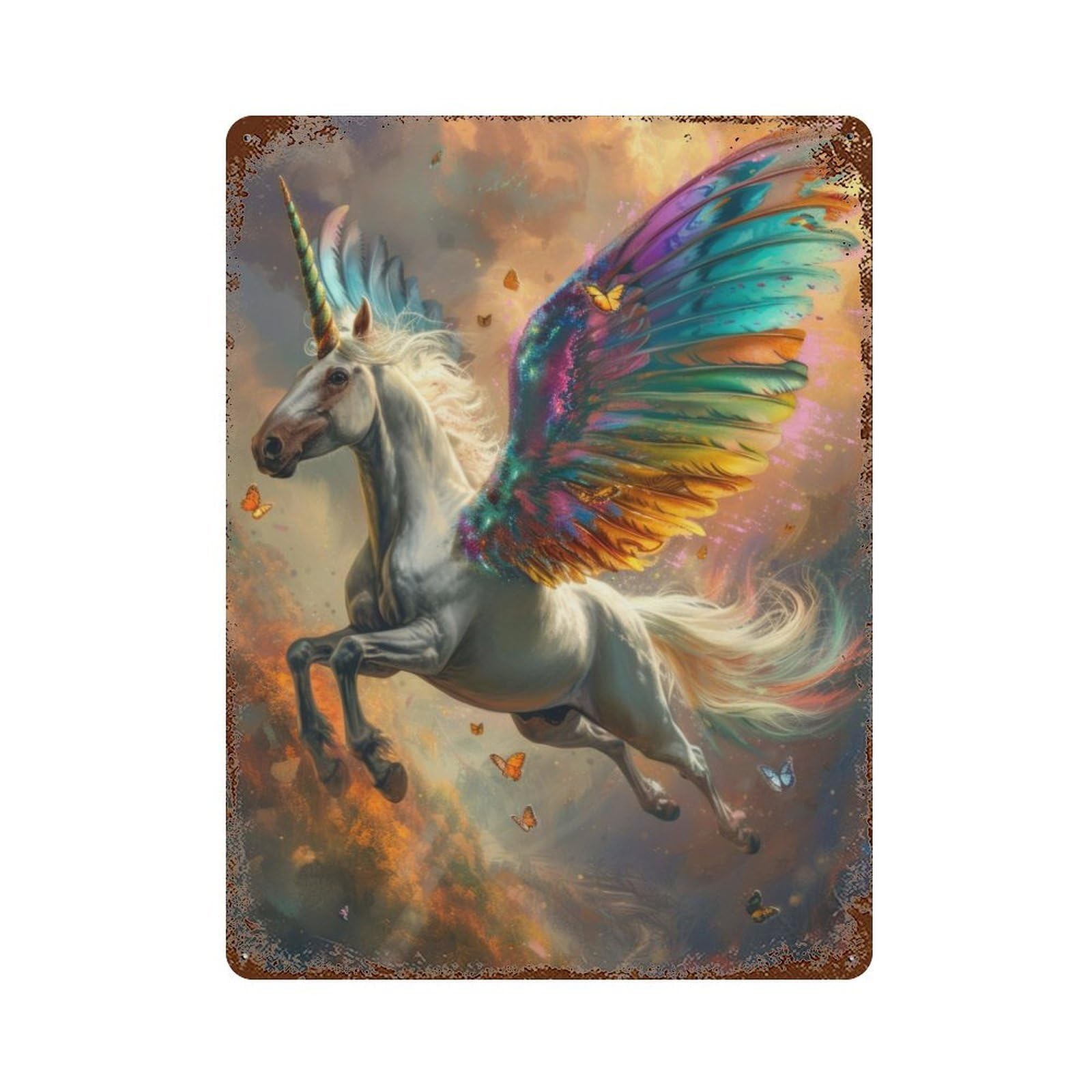 Rust Effect Flying Unicorn With Wings Aged Metal Wall Plaque 15.7"x11.8", Rustic Home Decor for Bistro, Counter And Cafe Decor